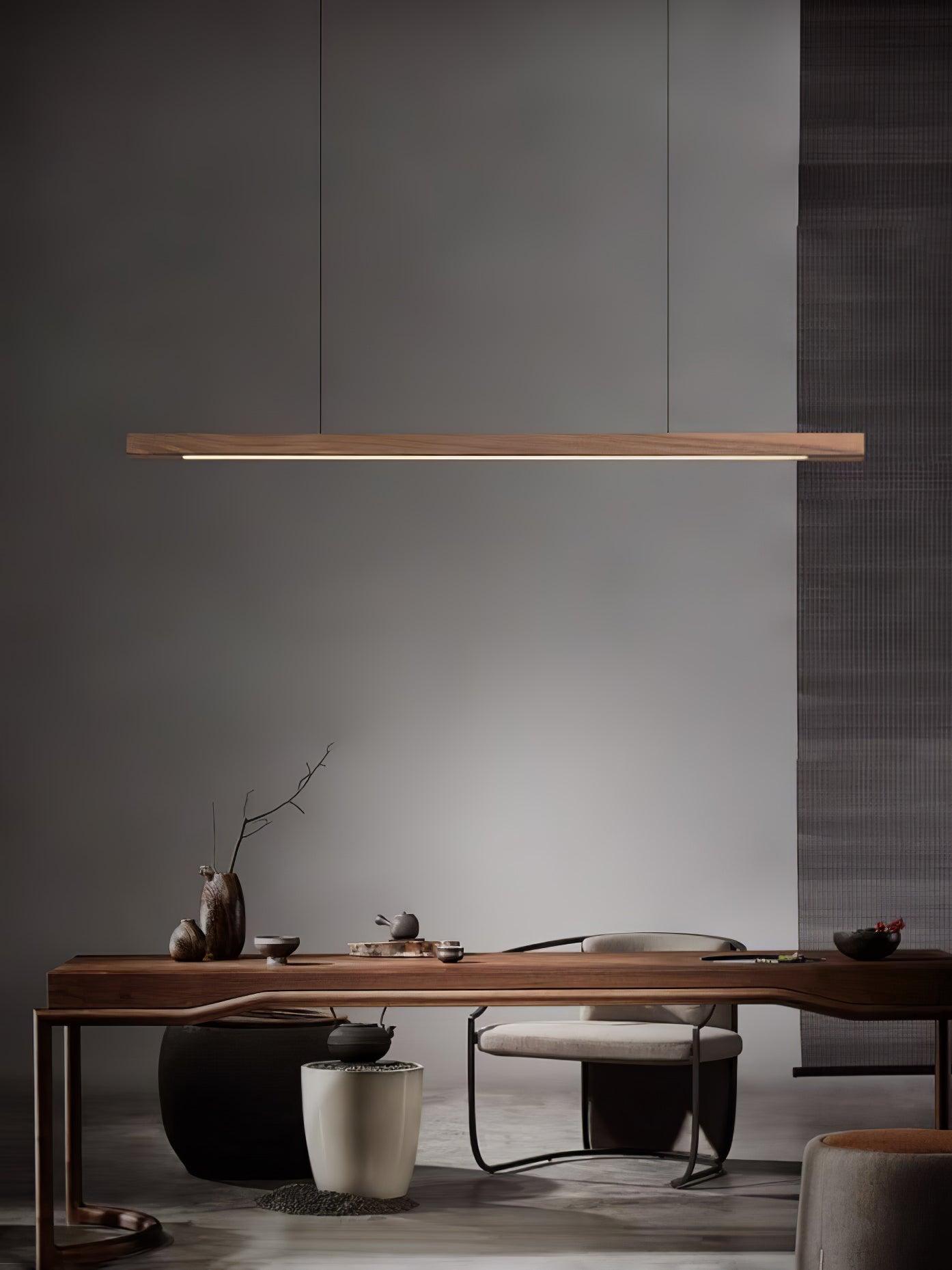 Modern Walnut Linear LED Pendant Light Minimalist Wood Hanging Chandelier for Dining Room