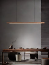 Modern Walnut Linear LED Pendant Light Minimalist Wood Hanging Chandelier for Dining Room