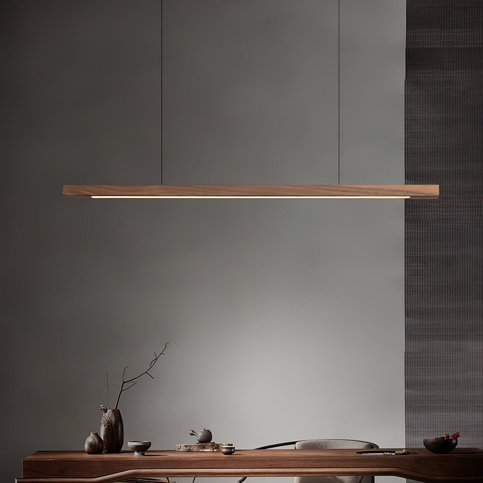 Modern Walnut Linear LED Pendant Light Minimalist Wood Hanging Chandelier for Dining Room