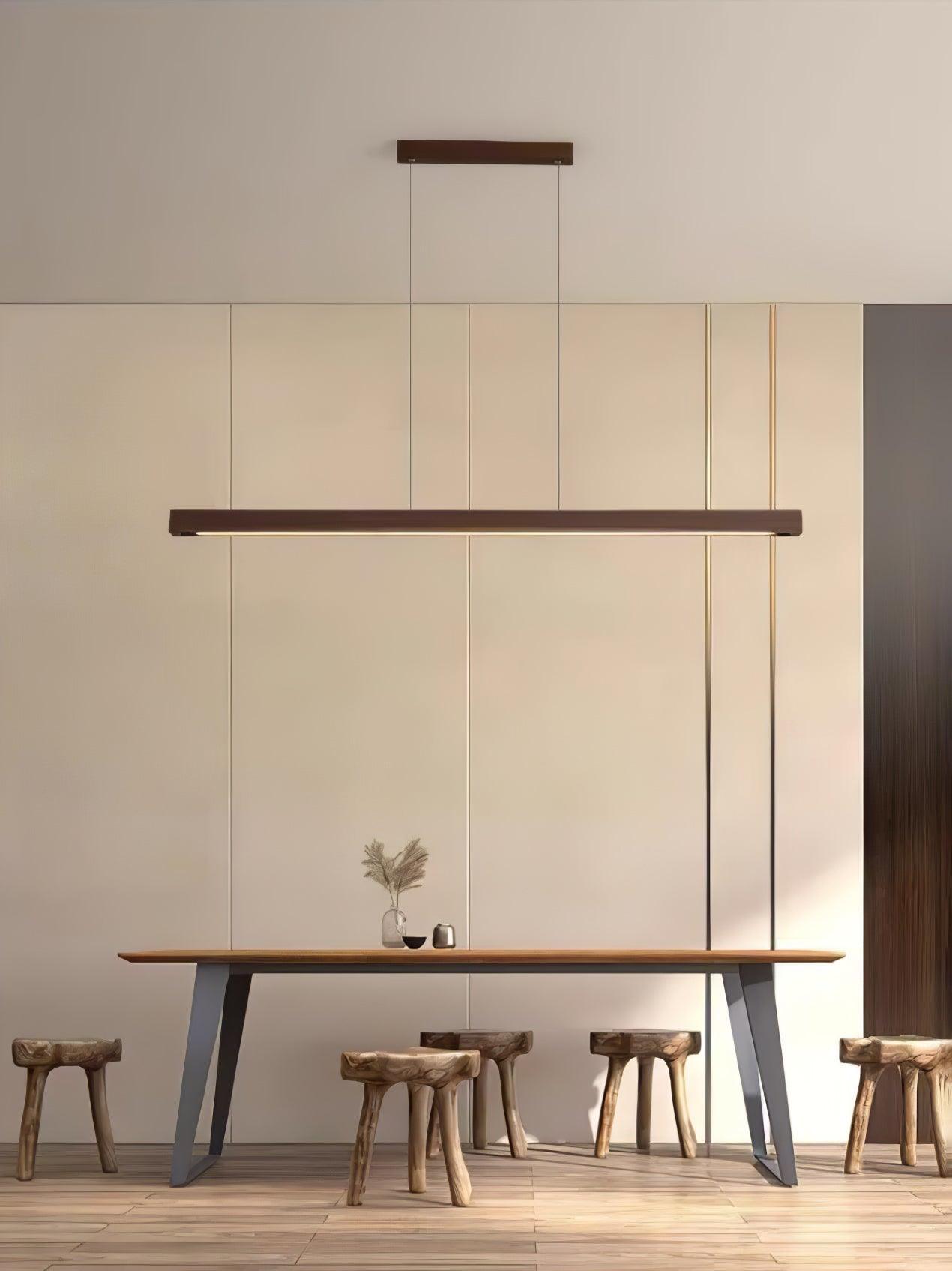 Modern Walnut Linear LED Pendant Light Minimalist Wood Hanging Chandelier for Dining Room