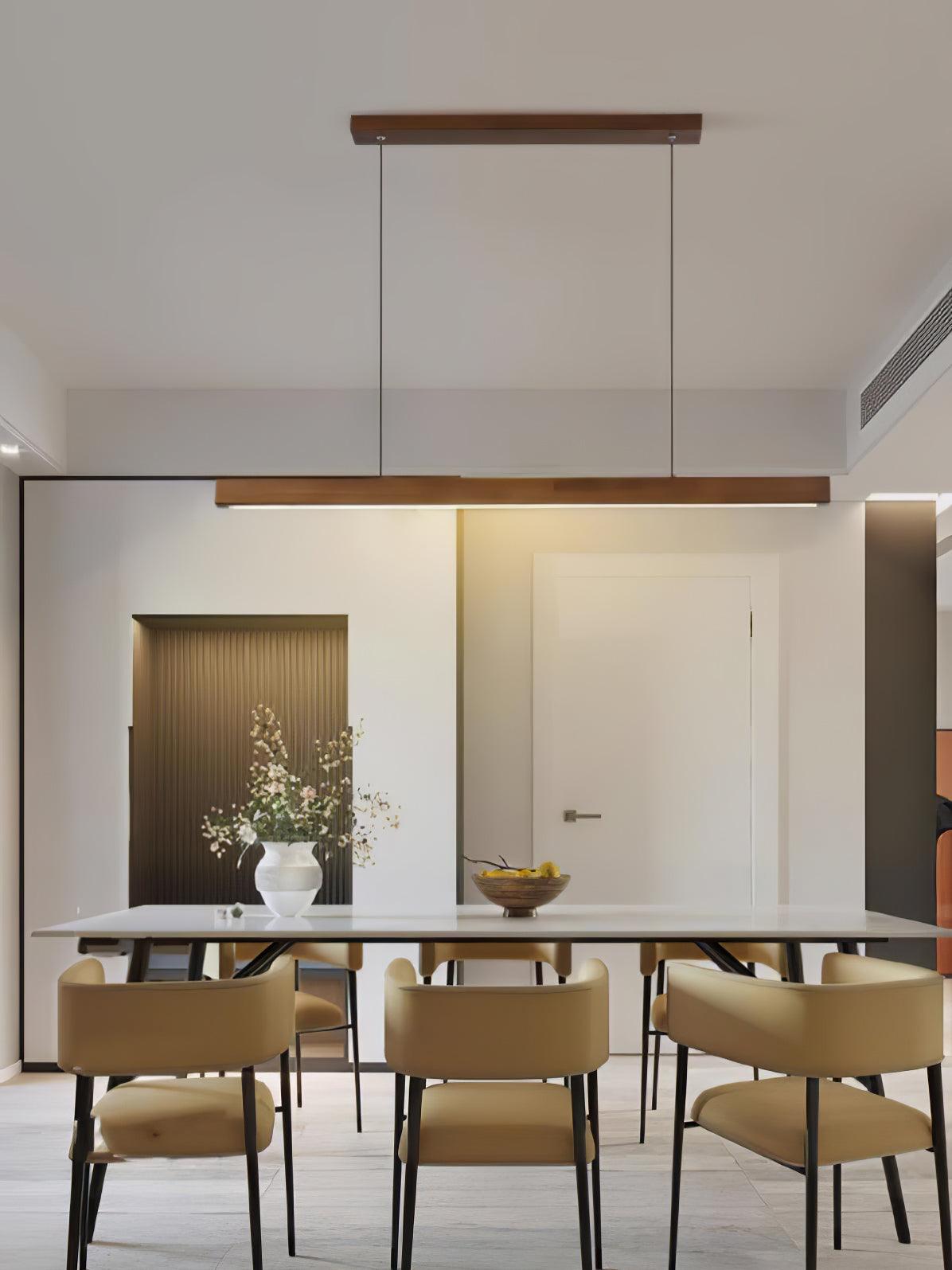 Modern Walnut Linear LED Pendant Light Minimalist Wood Hanging Chandelier for Dining Room