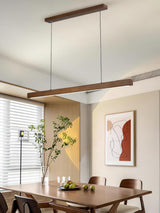 Modern Walnut Linear LED Pendant Light Minimalist Wood Hanging Chandelier for Dining Room