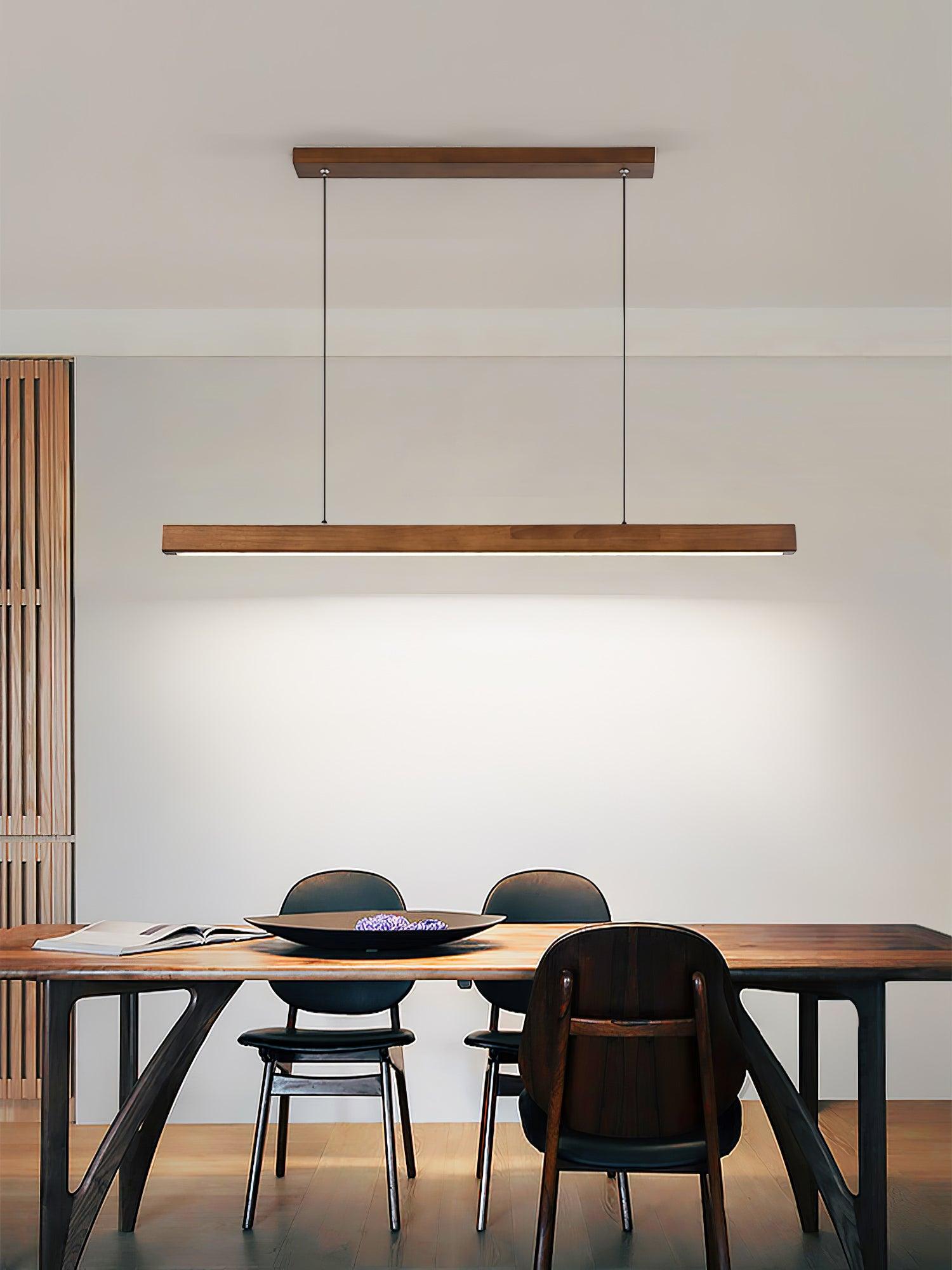 Modern Walnut Linear LED Pendant Light Minimalist Wood Hanging Chandelier for Dining Room