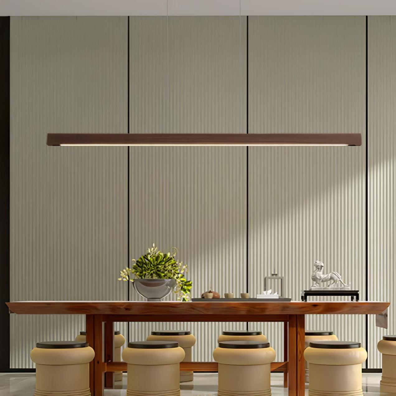 Modern Walnut Linear LED Pendant Light Minimalist Wood Hanging Chandelier for Dining Room
