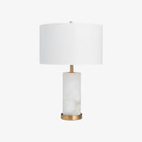 Modern Alabaster Table Lamp with White Fabric Shade and Metal Accents for Living Rooms