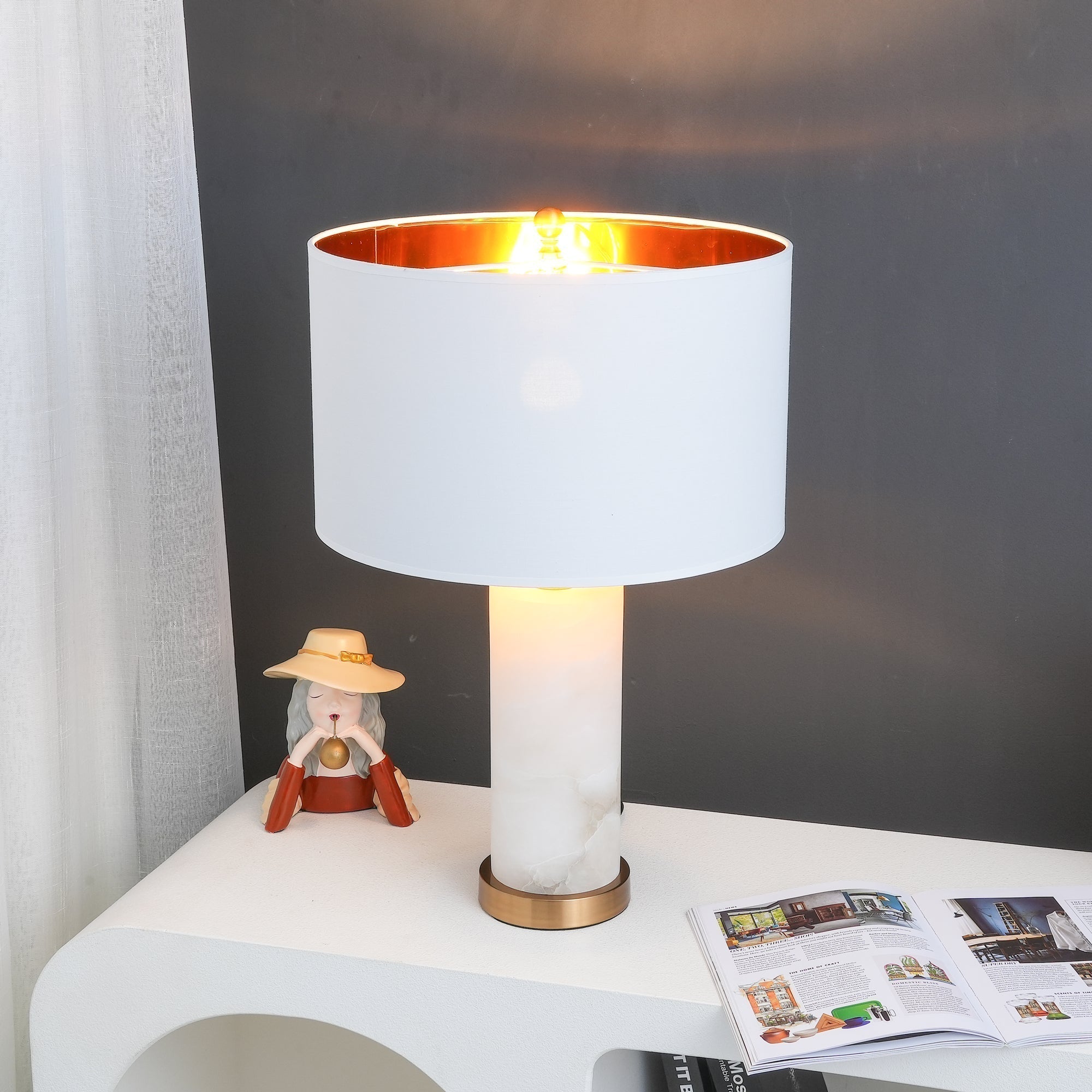Modern Alabaster Table Lamp with White Fabric Shade and Metal Accents for Living Rooms