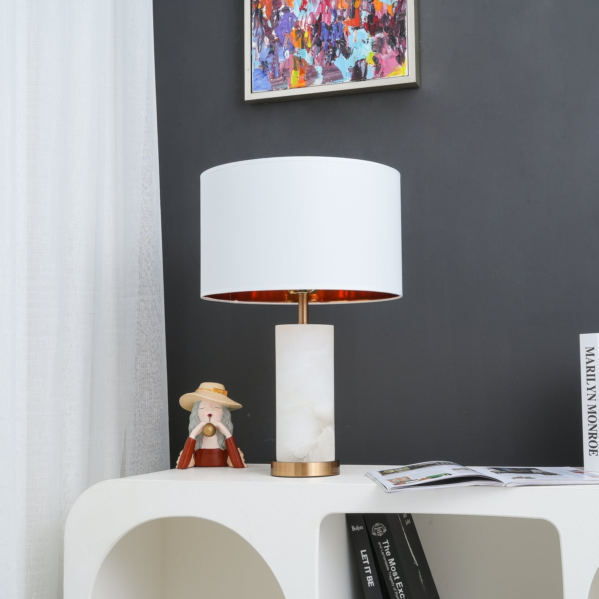 Modern Alabaster Table Lamp with White Fabric Shade and Metal Accents for Living Rooms