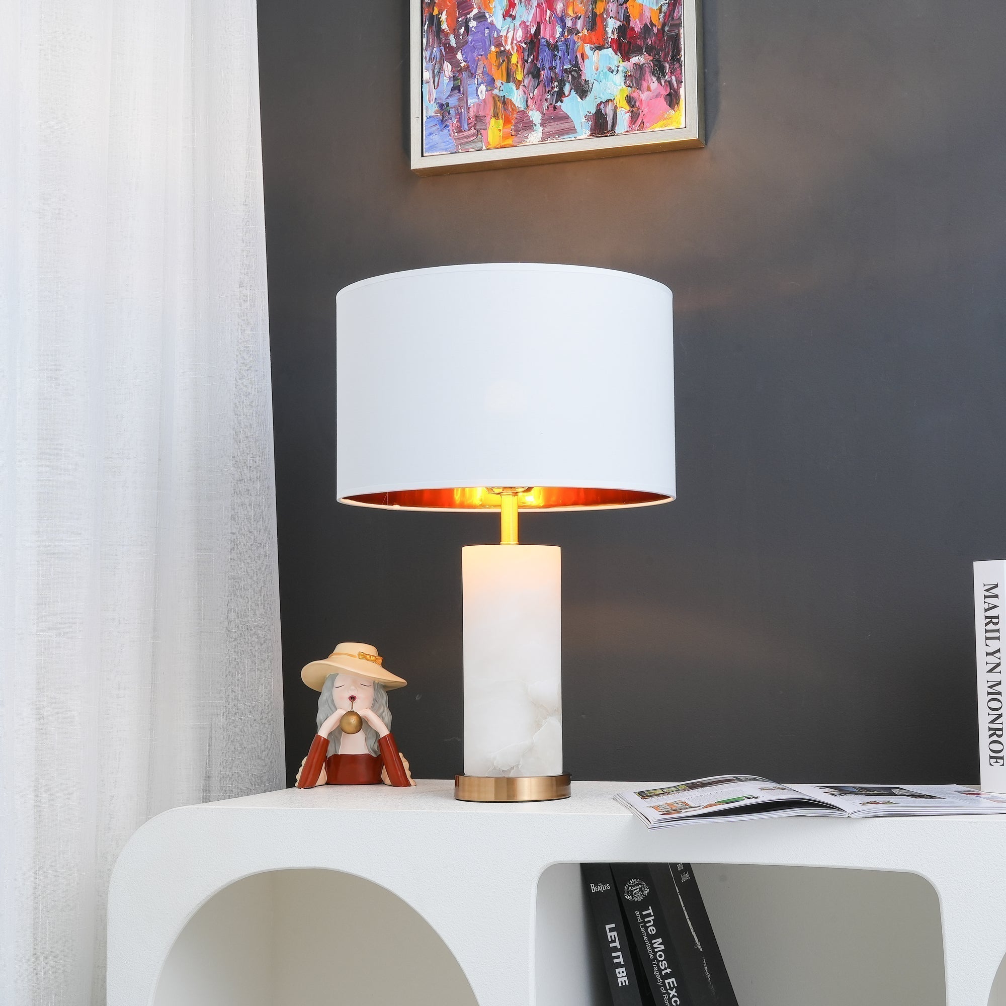 Modern Alabaster Table Lamp with White Fabric Shade and Metal Accents for Living Rooms