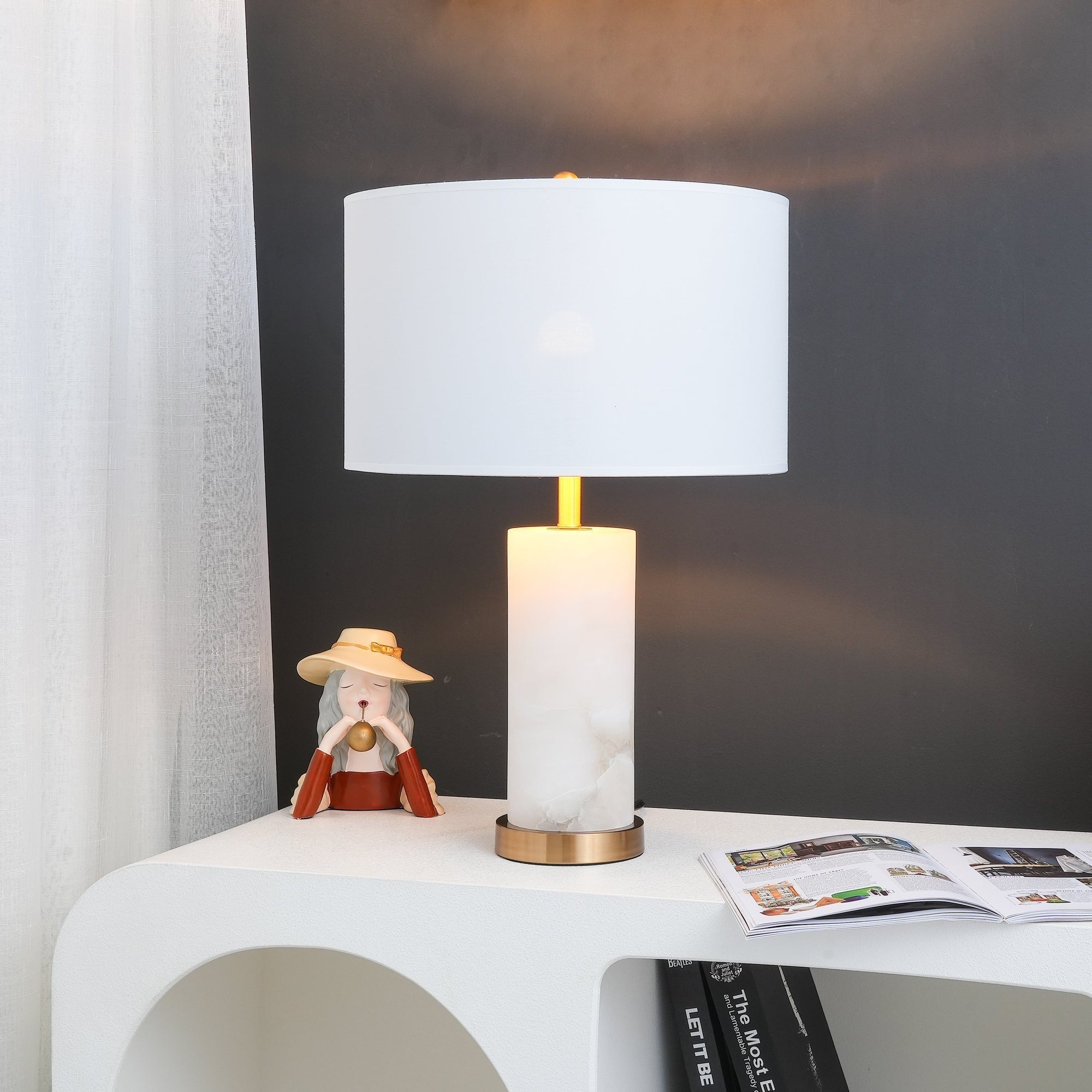 Modern Alabaster Table Lamp with White Fabric Shade and Metal Accents for Living Rooms