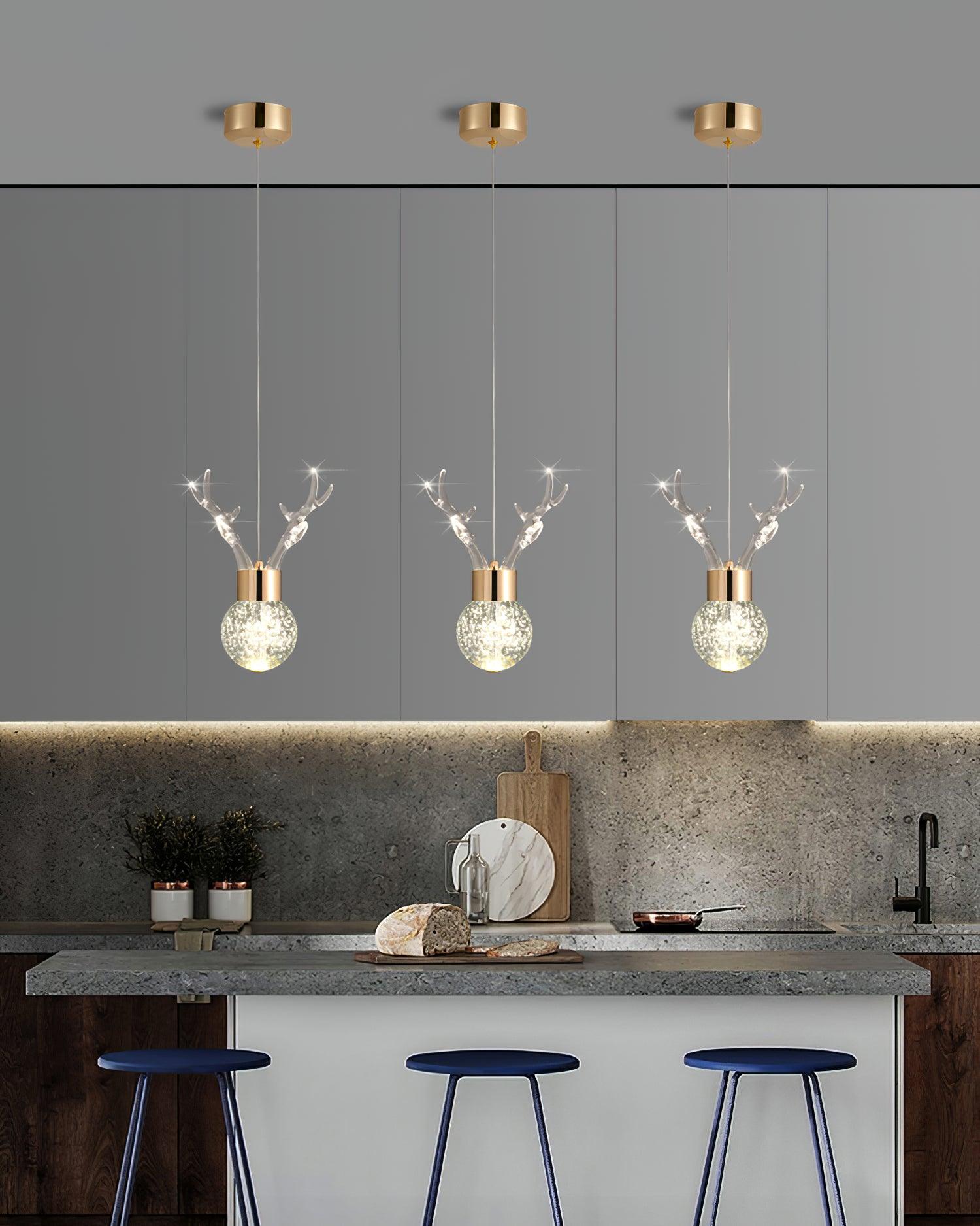 Modern Brass and Crystal Deer Pendant Light Whimsical LED Hanging Lamp for Bedroom