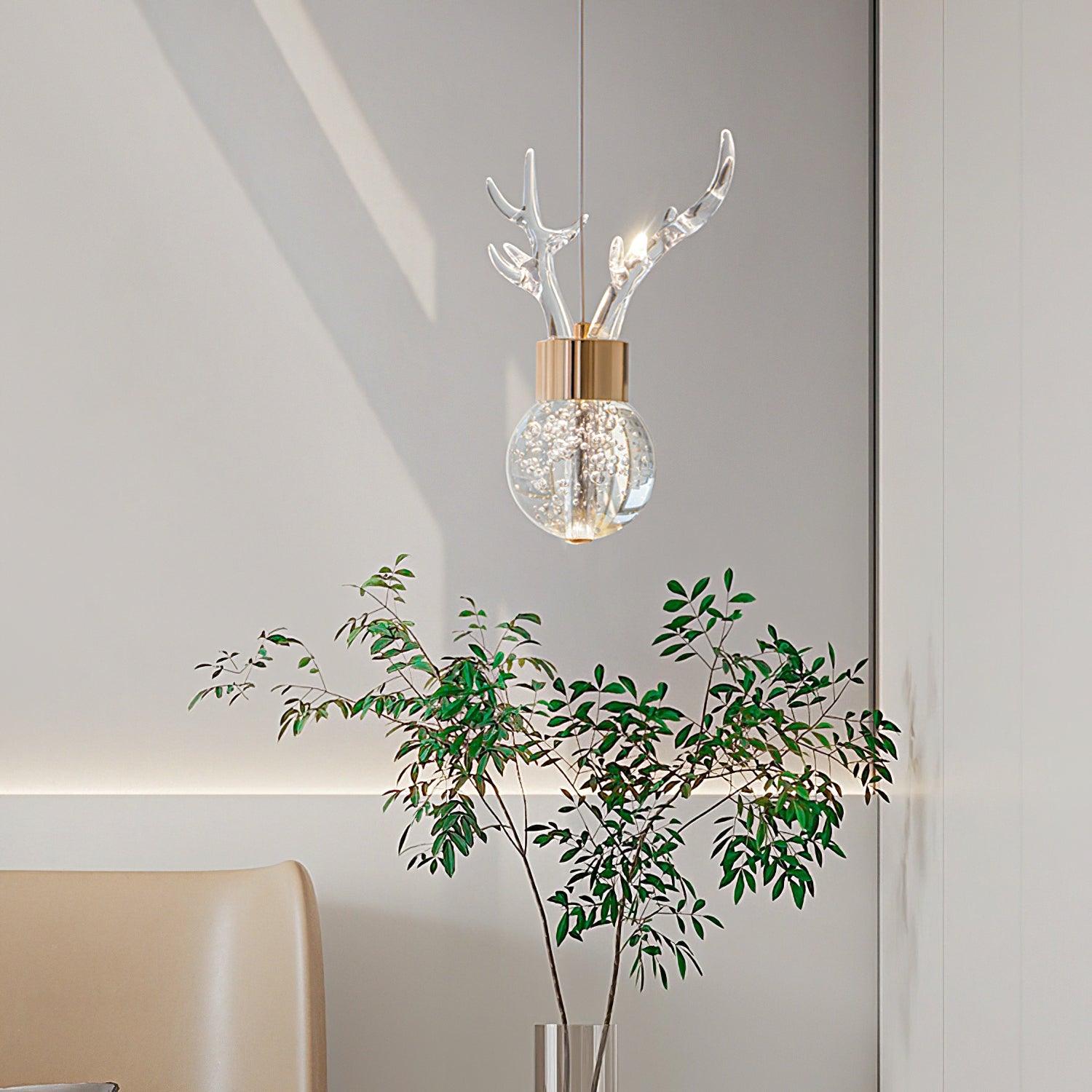 Modern Brass and Crystal Deer Pendant Light Whimsical LED Hanging Lamp for Bedroom