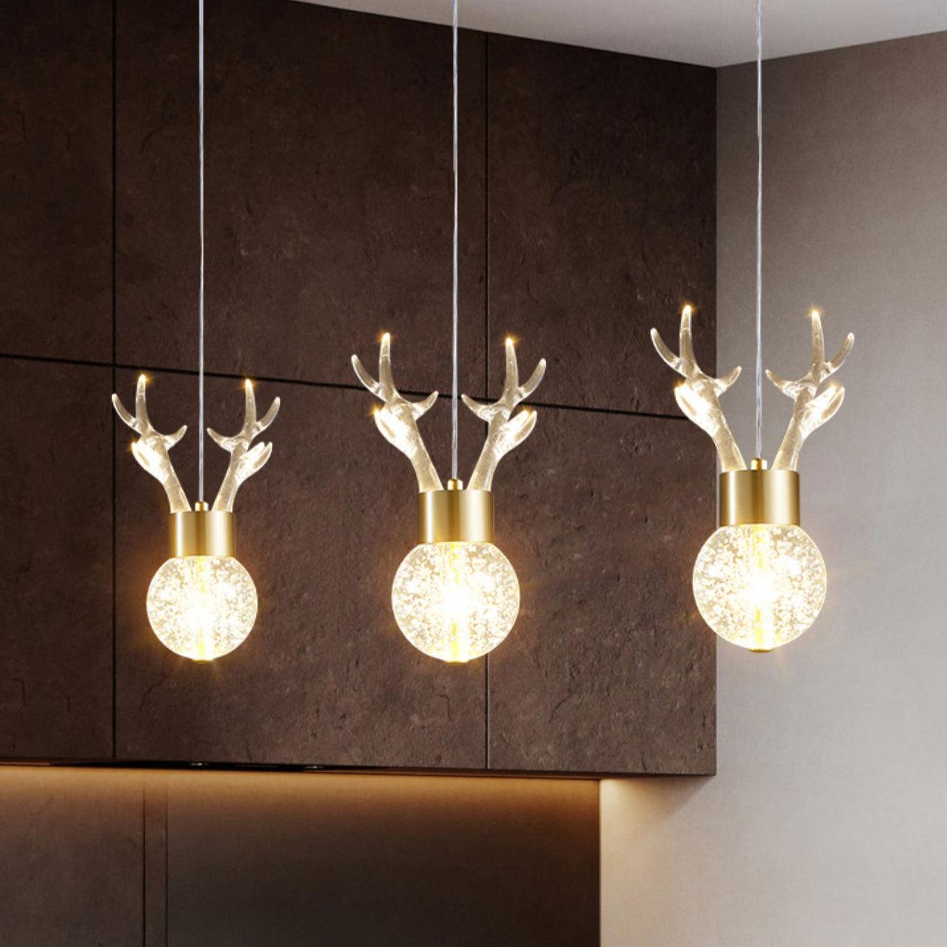 Modern Brass and Crystal Deer Pendant Light Whimsical LED Hanging Lamp for Bedroom