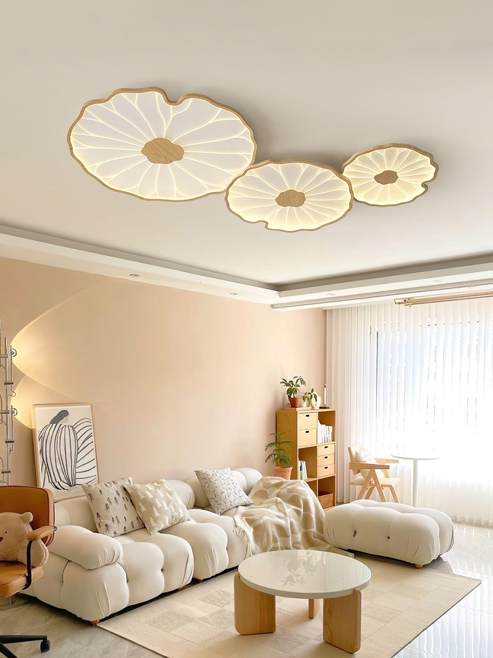 Modern Lotus Leaf Acrylic LED Ceiling Light Wood Grain Finish Flush Mount Lamp for Living Room