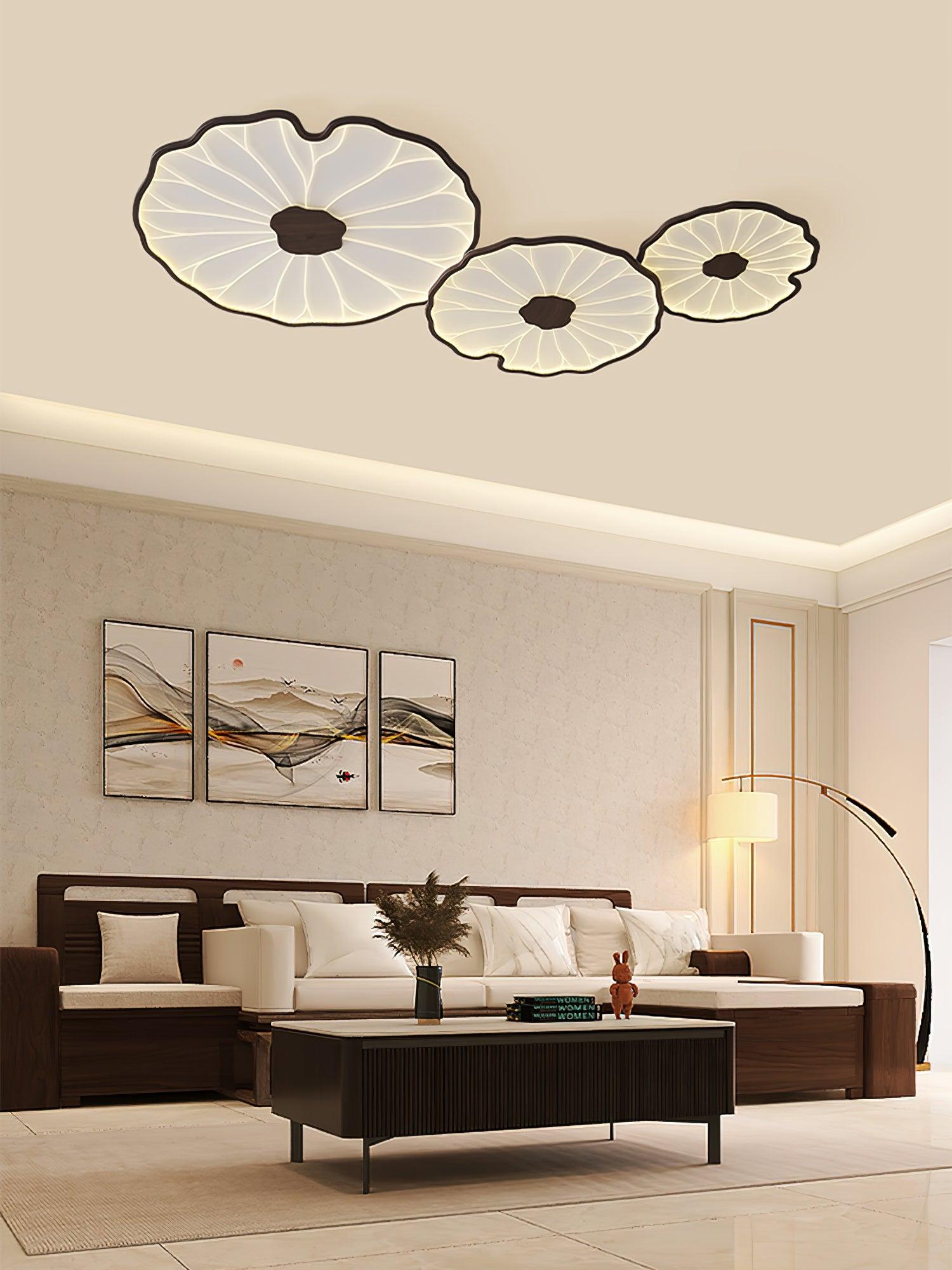 Modern Lotus Leaf Acrylic LED Ceiling Light Wood Grain Finish Flush Mount Lamp for Living Room
