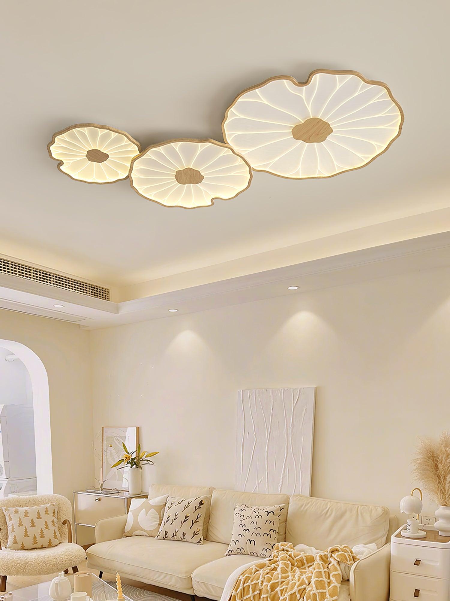 Modern Lotus Leaf Acrylic LED Ceiling Light Wood Grain Finish Flush Mount Lamp for Living Room