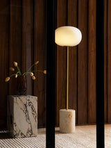 Modern Jwda Travertine Floor Lamp with Spherical Glass Globe and Yellow Stone Base