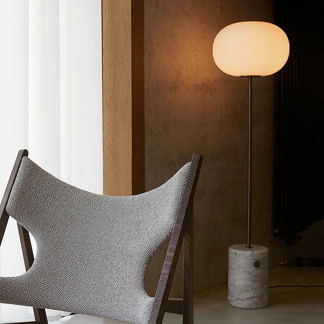Modern Jwda Travertine Floor Lamp with Spherical Glass Globe and Yellow Stone Base