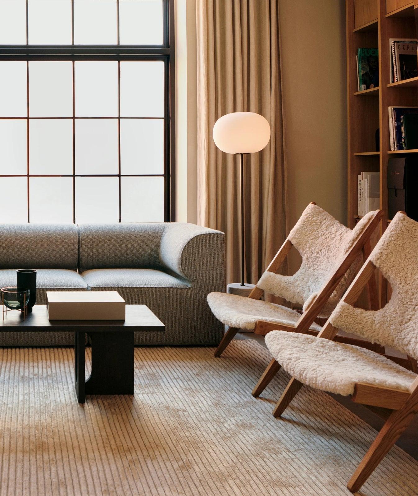 Modern Jwda Travertine Floor Lamp with Spherical Glass Globe and Yellow Stone Base