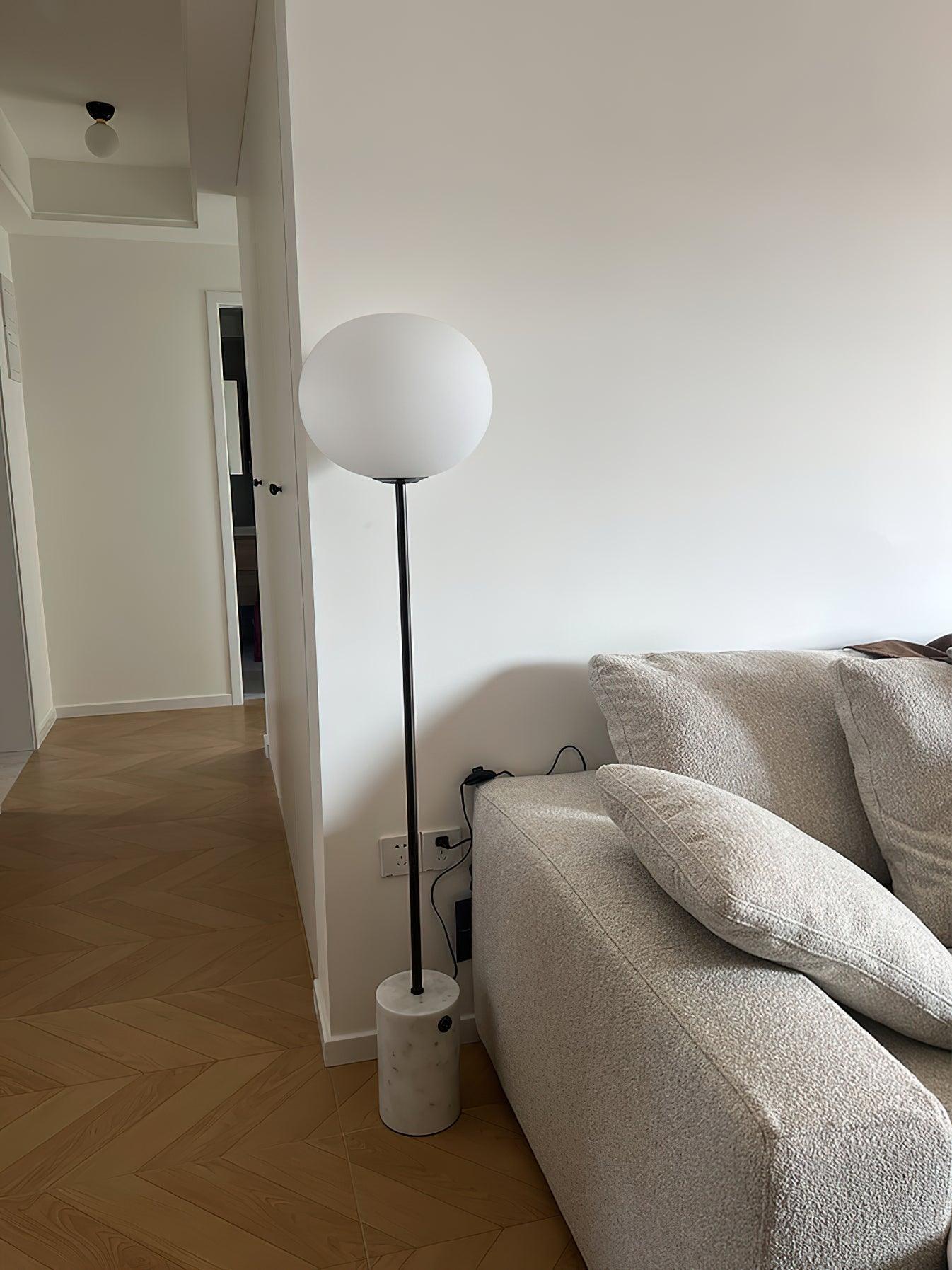 Modern Jwda Travertine Floor Lamp with Spherical Glass Globe and Yellow Stone Base