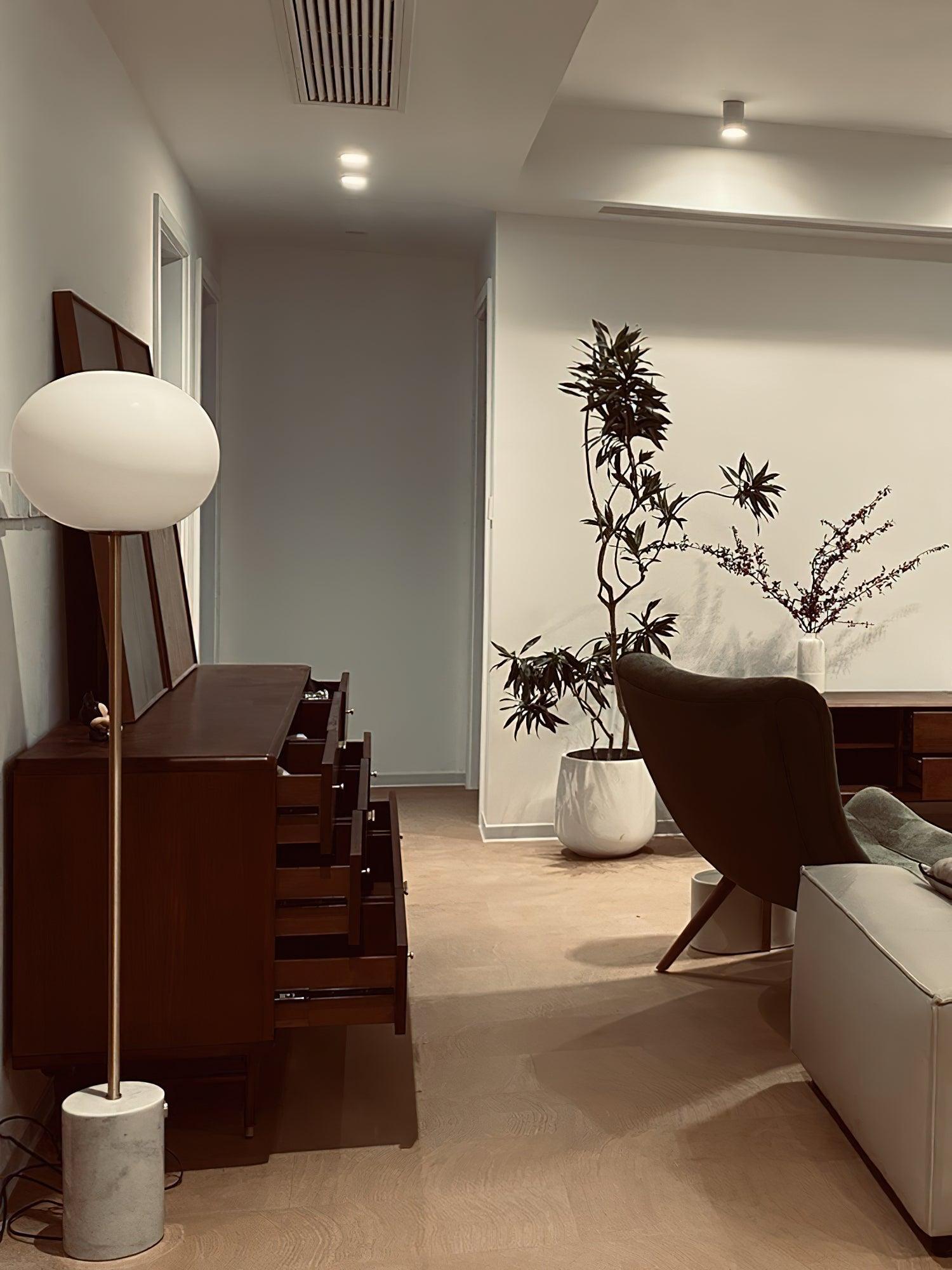 Modern Jwda Travertine Floor Lamp with Spherical Glass Globe and Yellow Stone Base