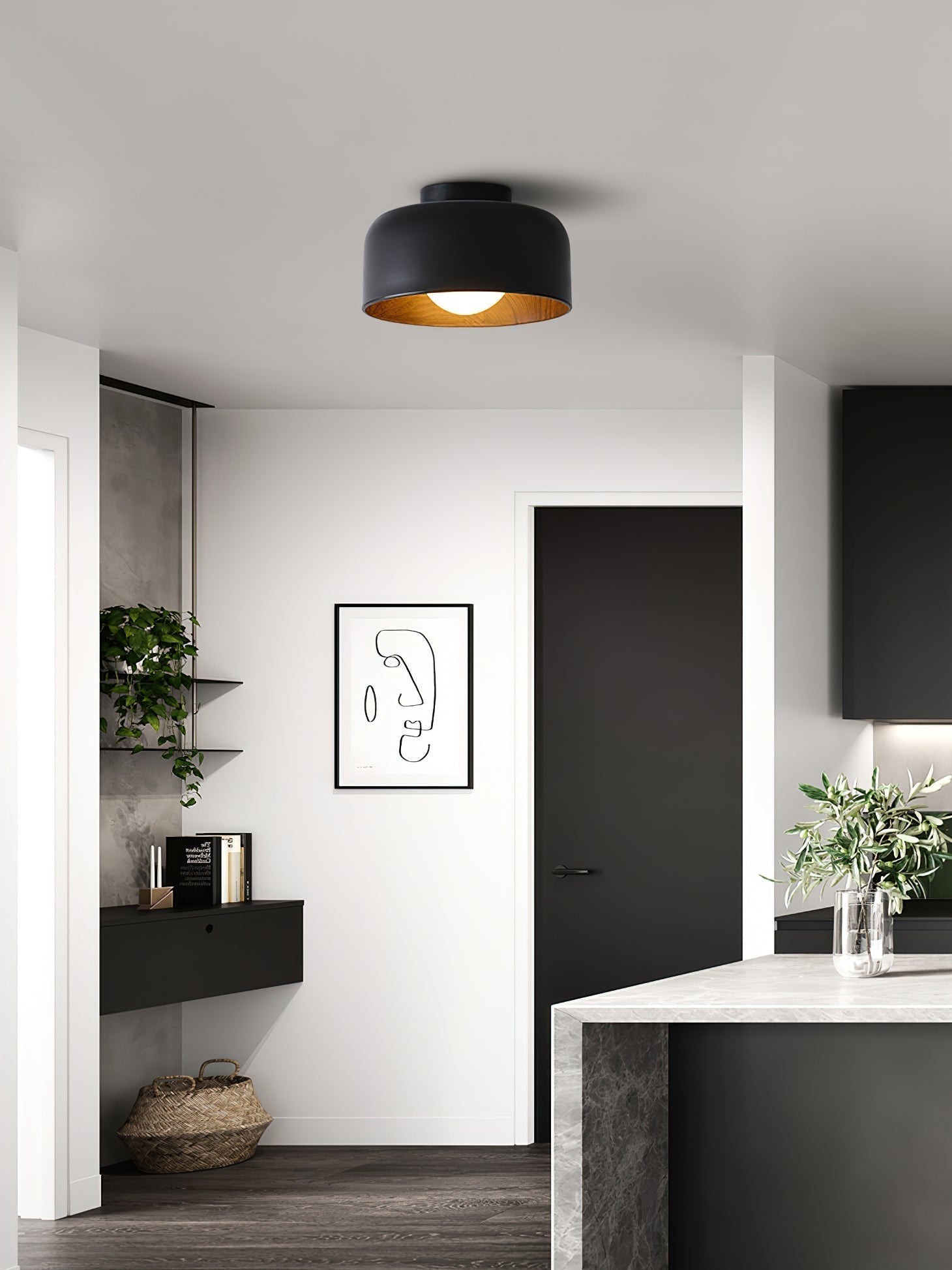 Modern Spherical Glass Globe Flush Mount Ceiling Light with Wood Grain Trim