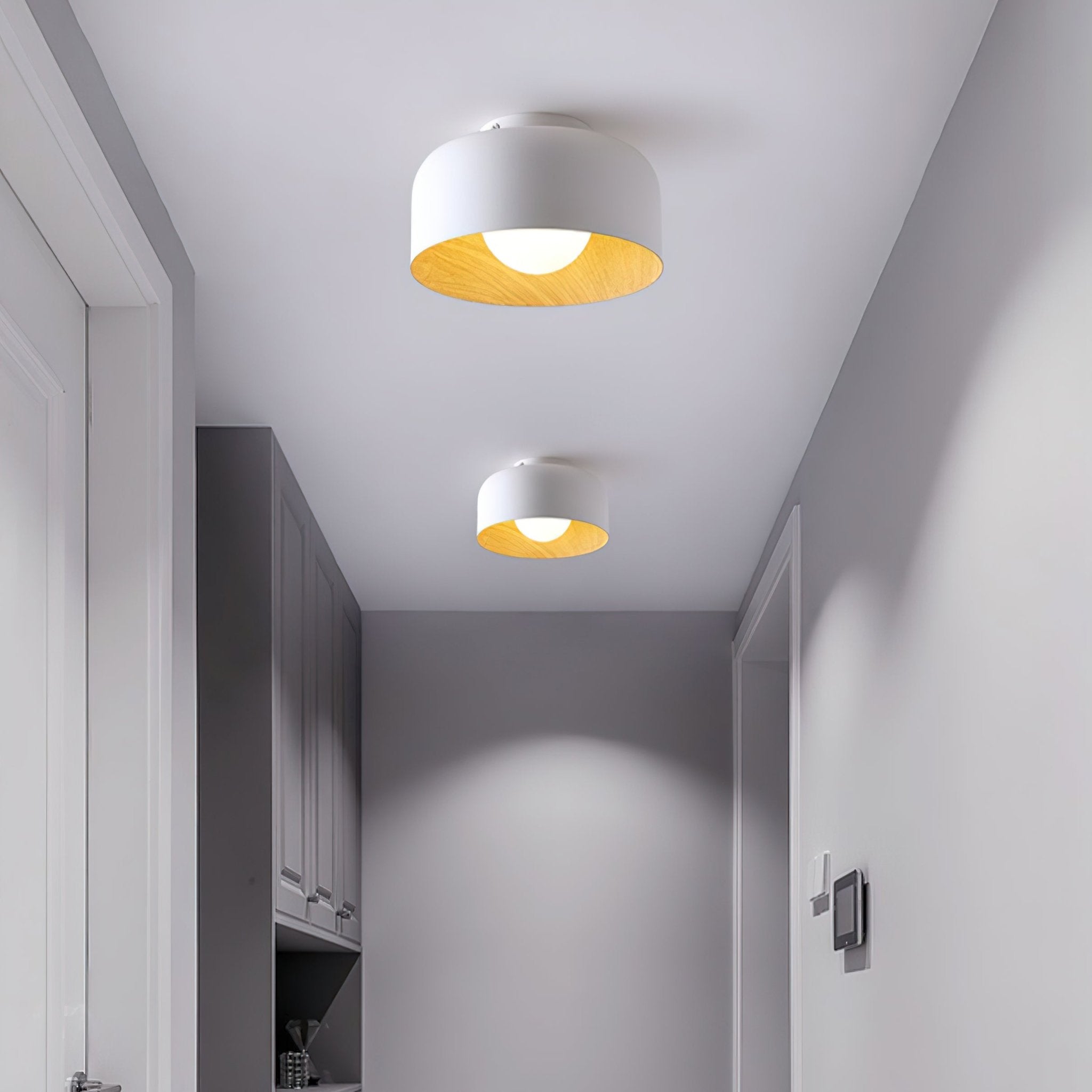 Modern Spherical Glass Globe Flush Mount Ceiling Light with Wood Grain Trim
