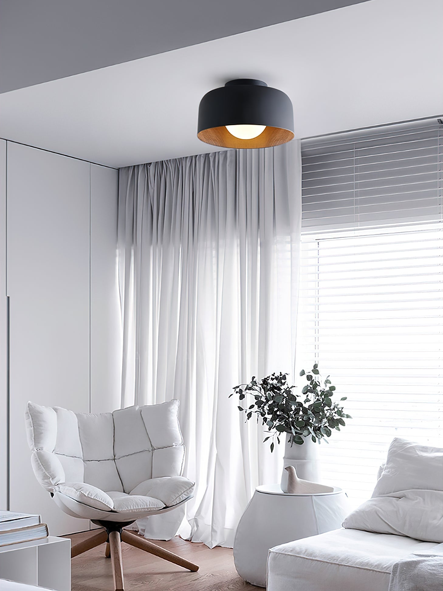Modern Spherical Glass Globe Flush Mount Ceiling Light with Wood Grain Trim