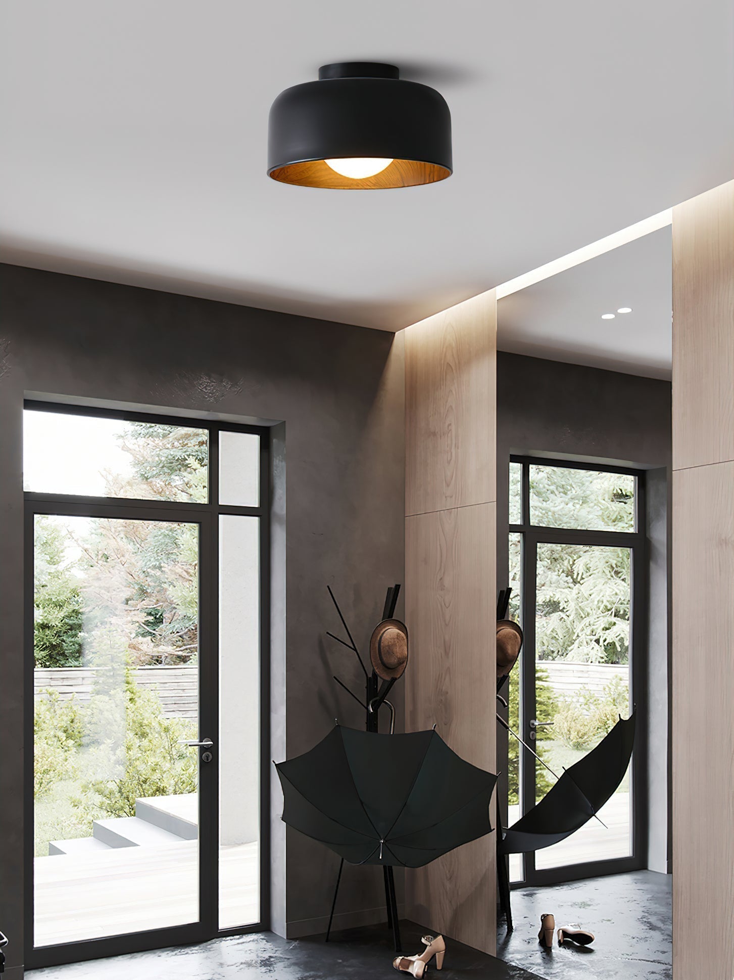 Modern Spherical Glass Globe Flush Mount Ceiling Light with Wood Grain Trim