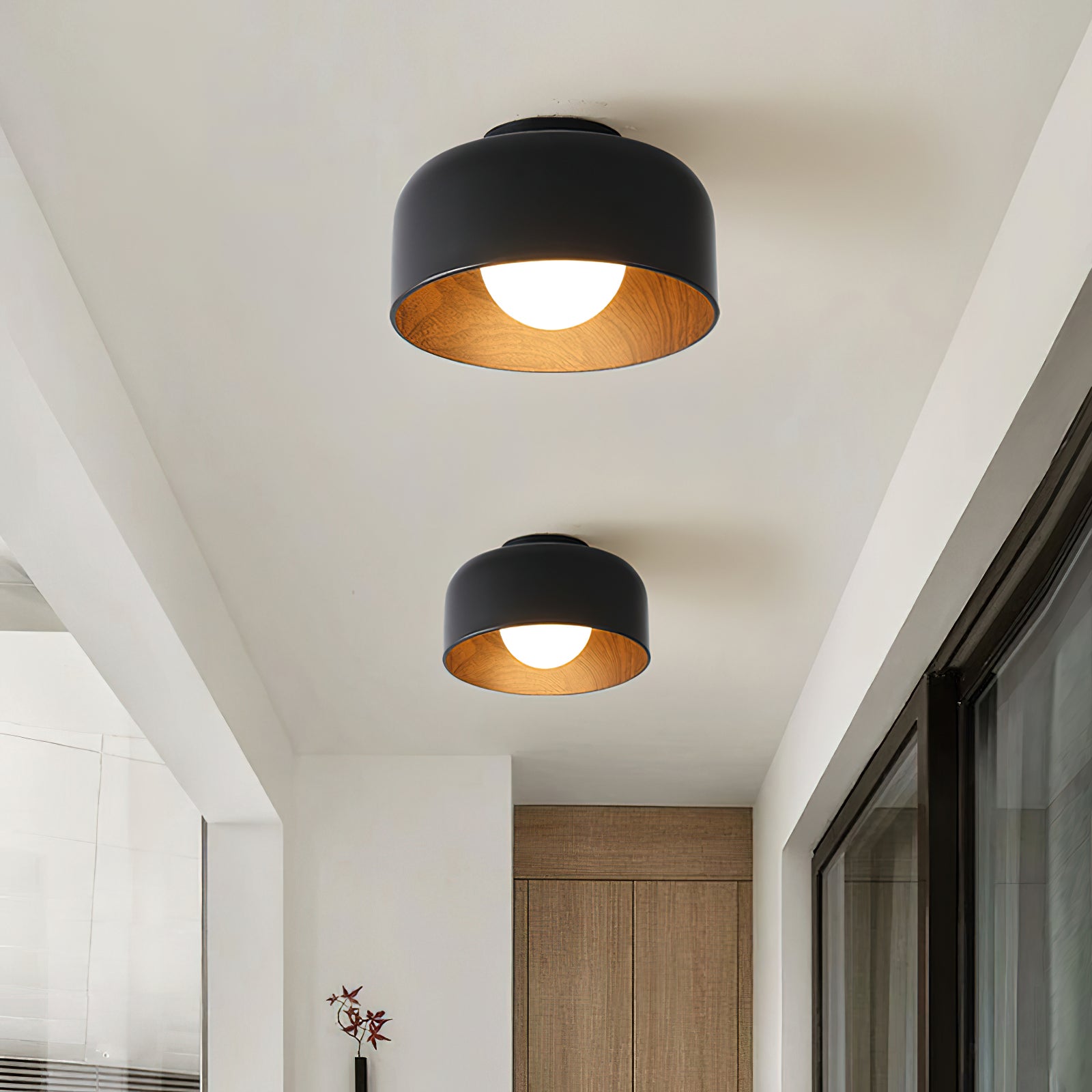 Modern Spherical Glass Globe Flush Mount Ceiling Light with Wood Grain Trim