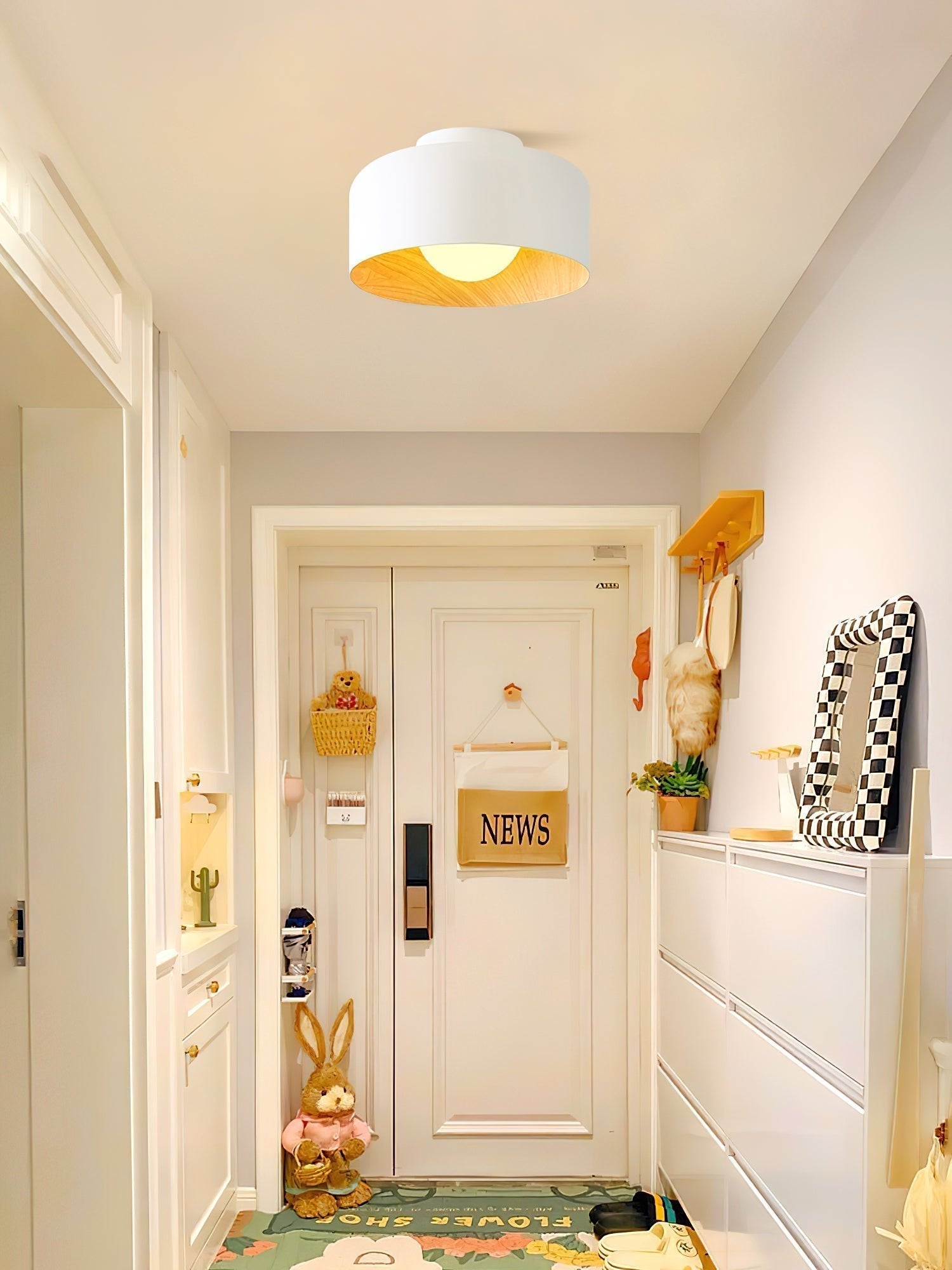 Modern Spherical Glass Globe Flush Mount Ceiling Light with Wood Grain Trim