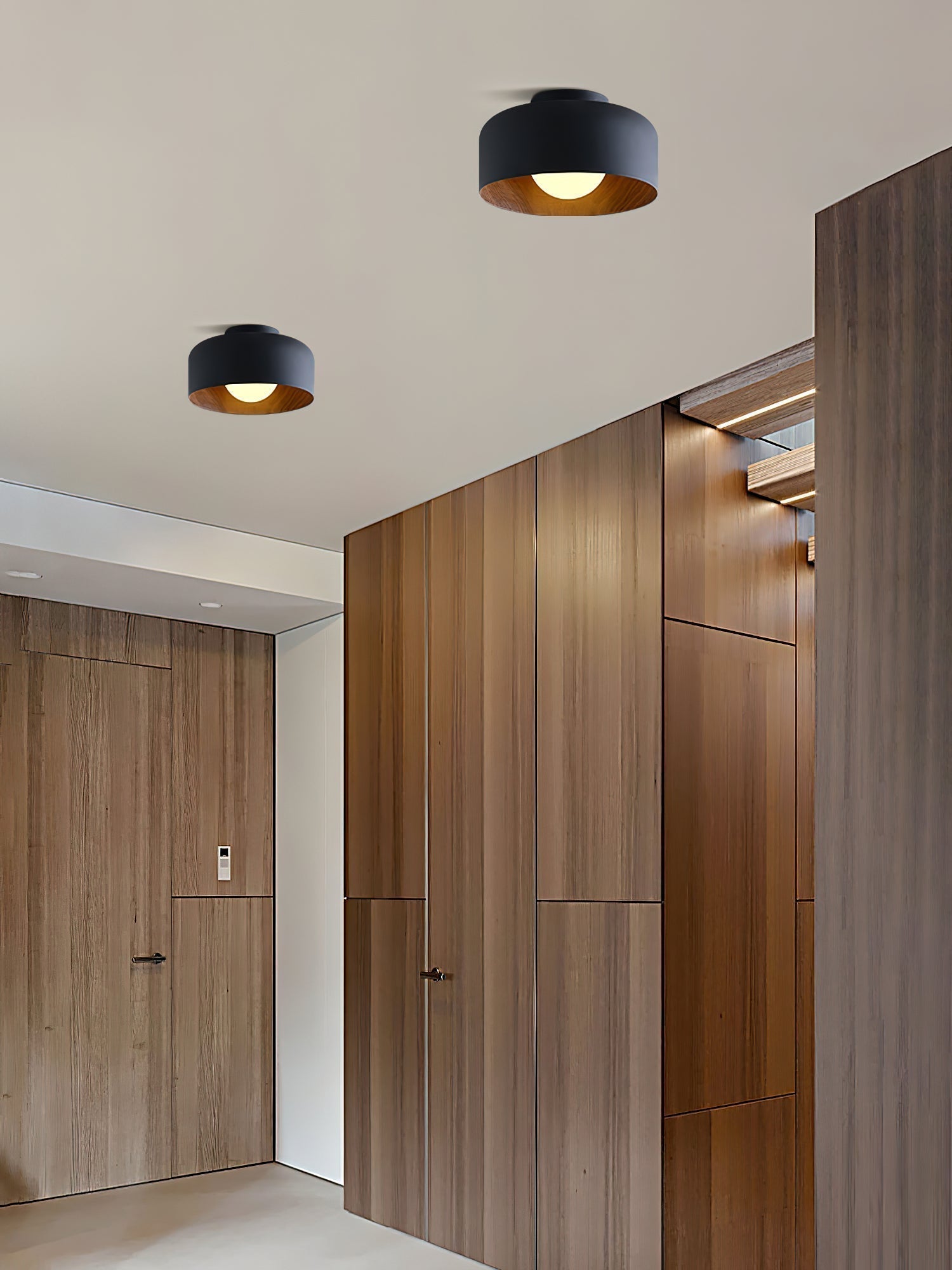 Modern Spherical Glass Globe Flush Mount Ceiling Light with Wood Grain Trim