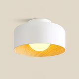 Modern Spherical Glass Globe Flush Mount Ceiling Light with Wood Grain Trim