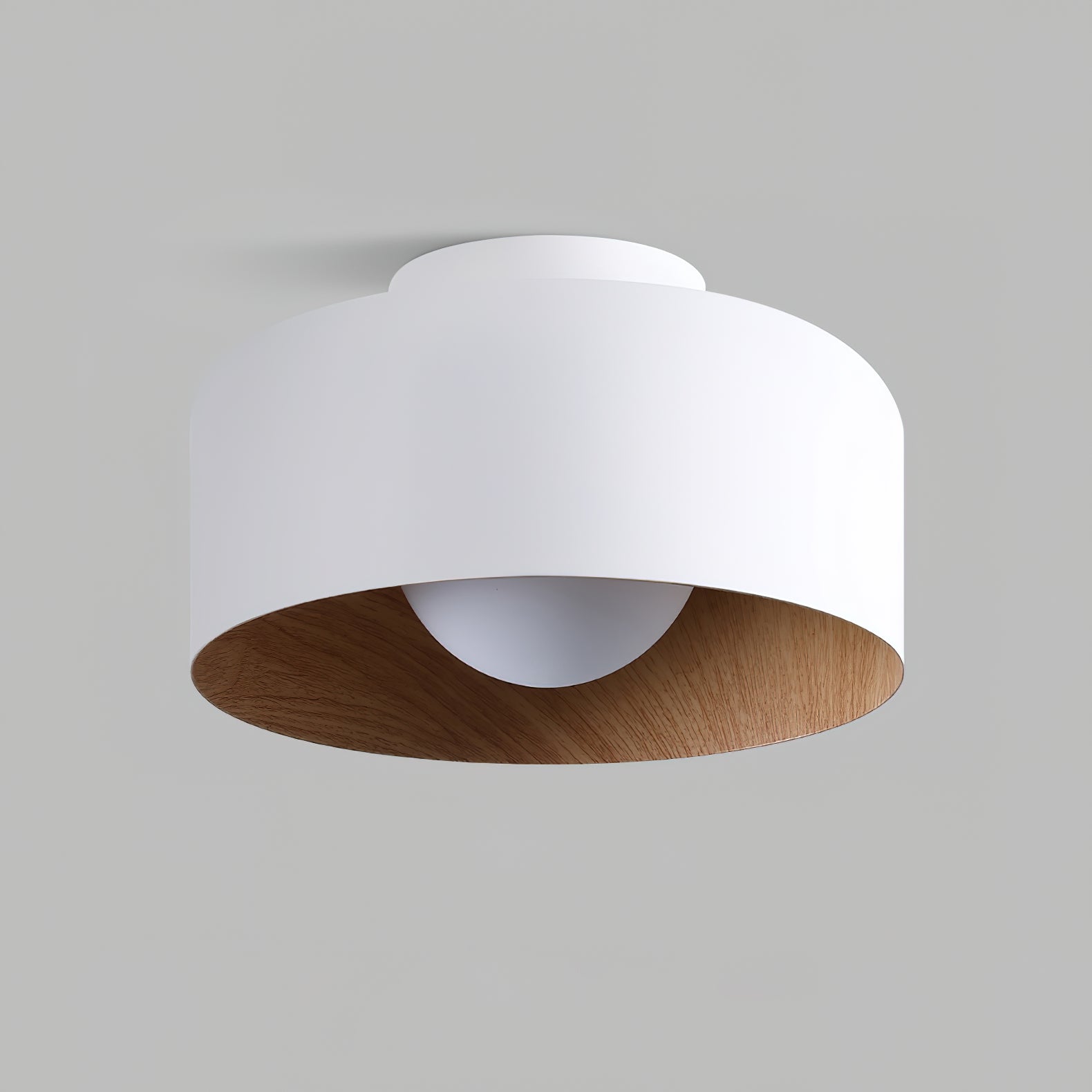 Modern Spherical Glass Globe Flush Mount Ceiling Light with Wood Grain Trim
