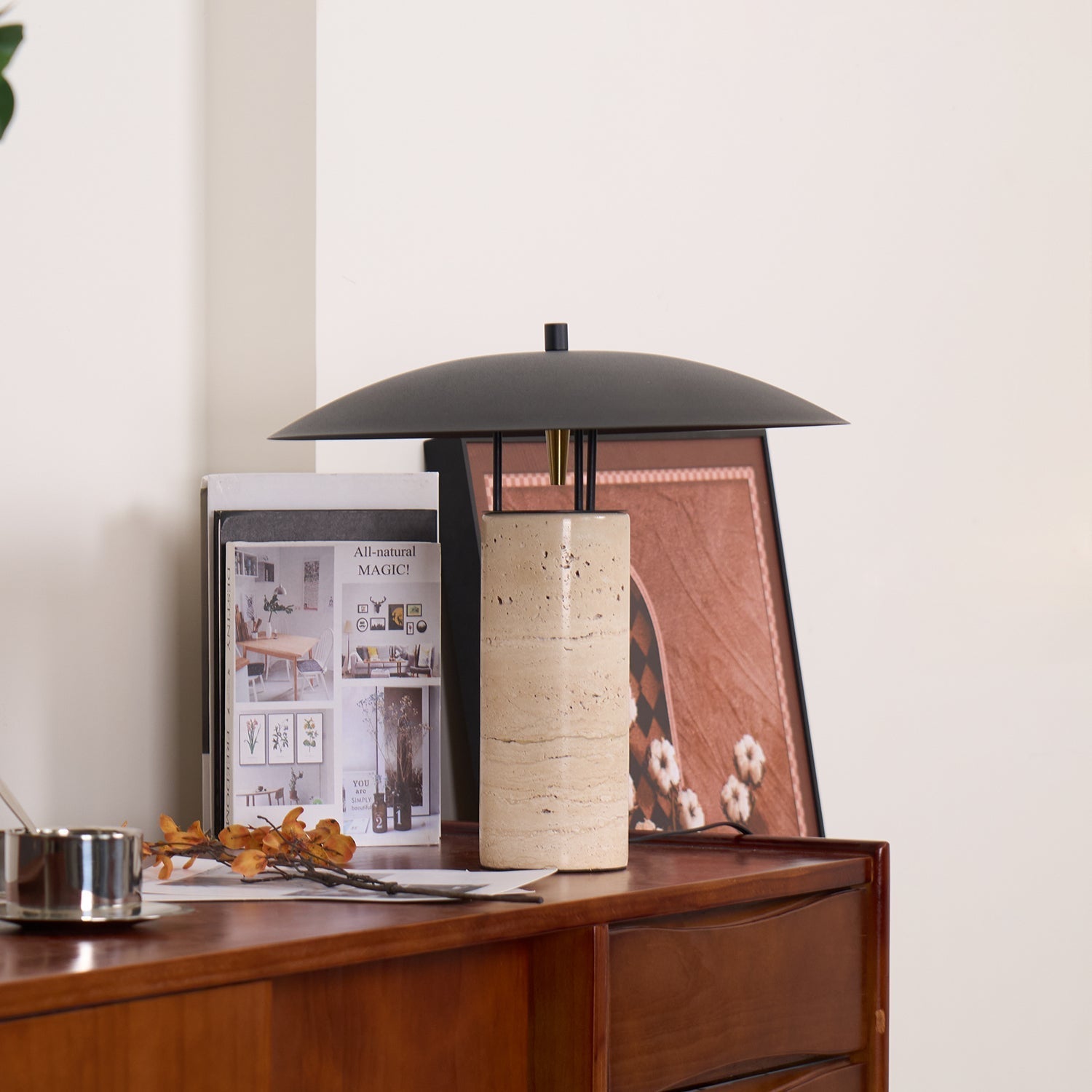 Modern Geometric Travertine LED Bedside Lamp with Adjustable Color Temperature