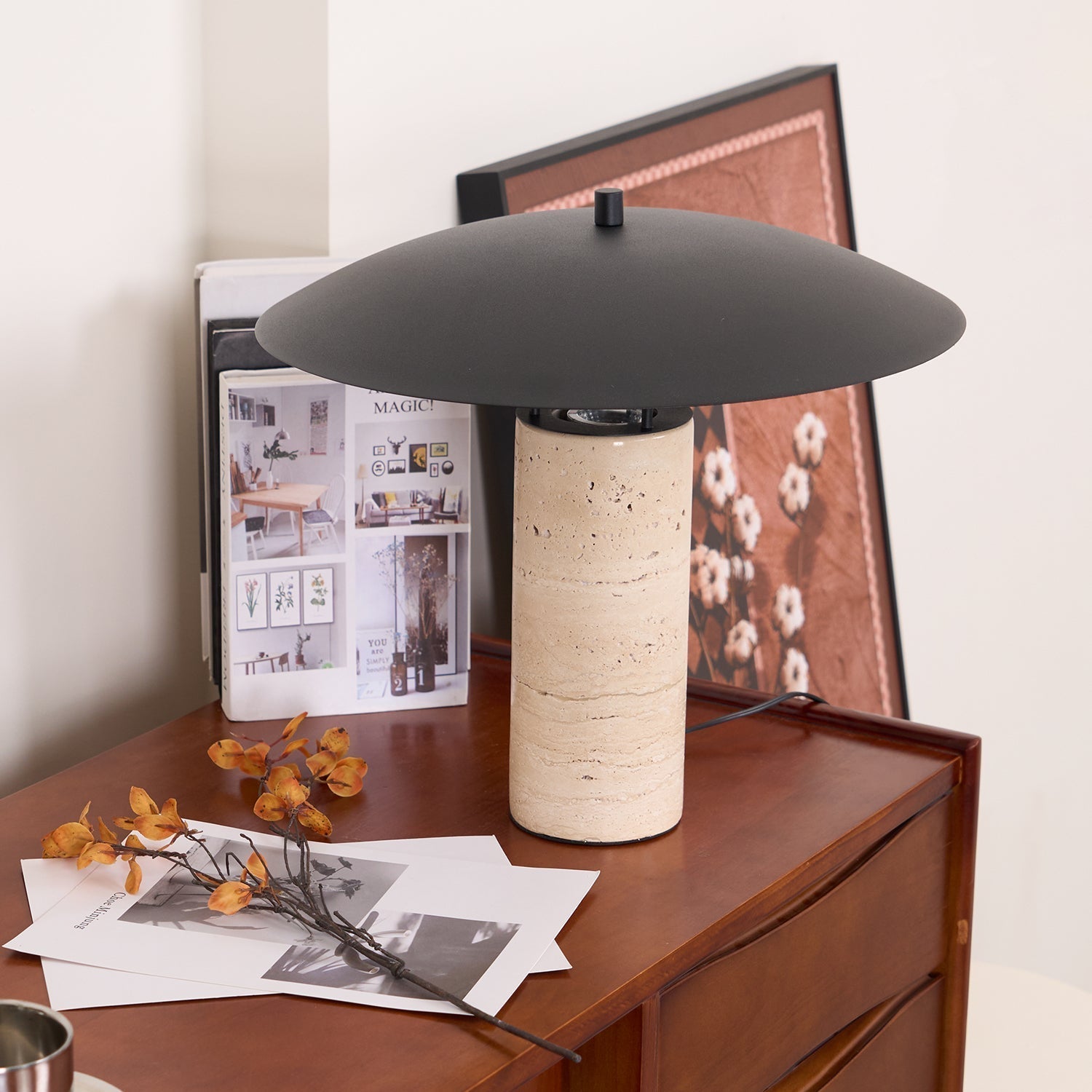 Modern Geometric Travertine LED Bedside Lamp with Adjustable Color Temperature