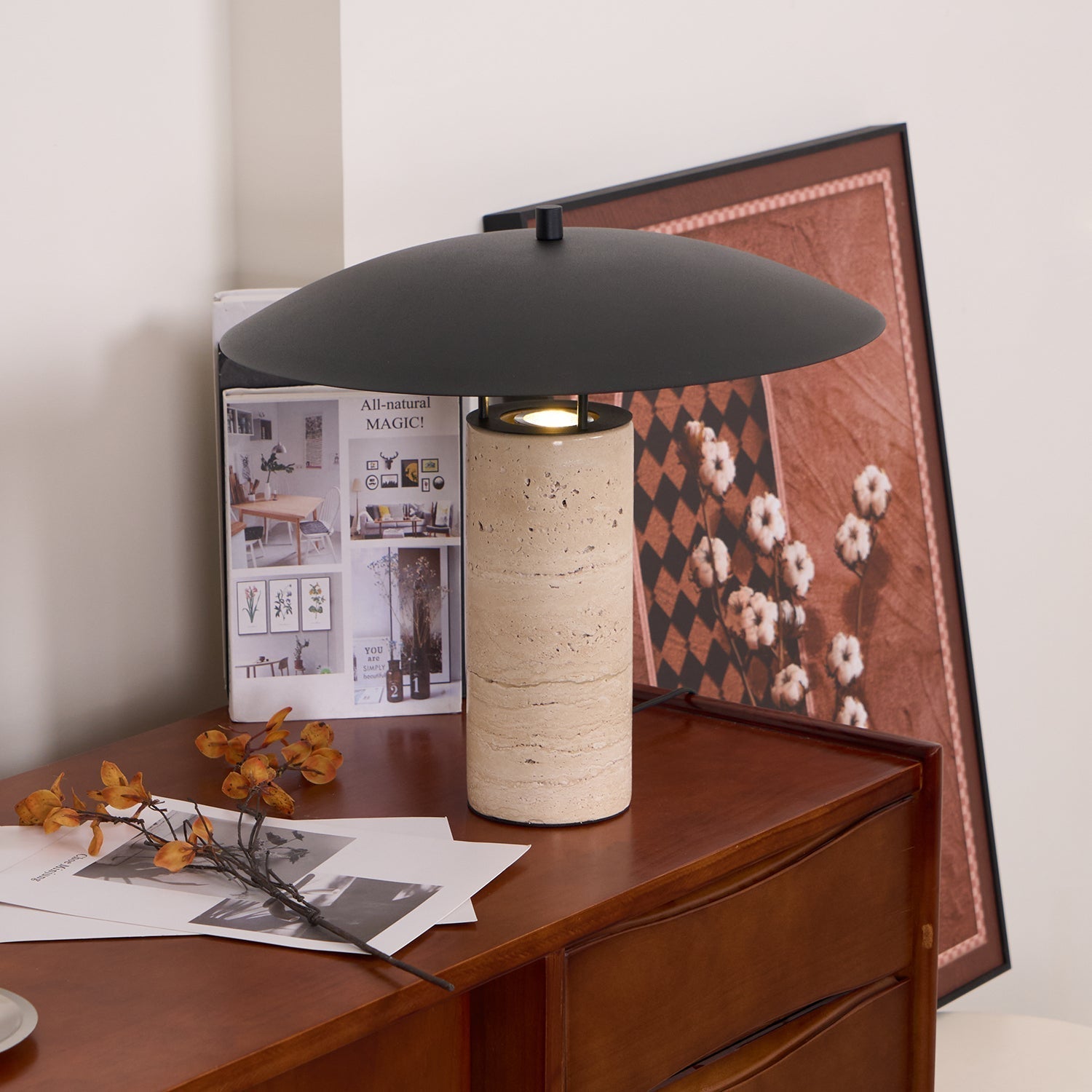 Modern Geometric Travertine LED Bedside Lamp with Adjustable Color Temperature