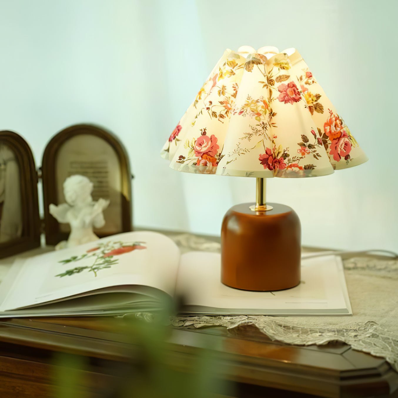 Handcrafted Etched Ceramic Table Lamp with Fabric Shade for Bedside and Living Room Decor