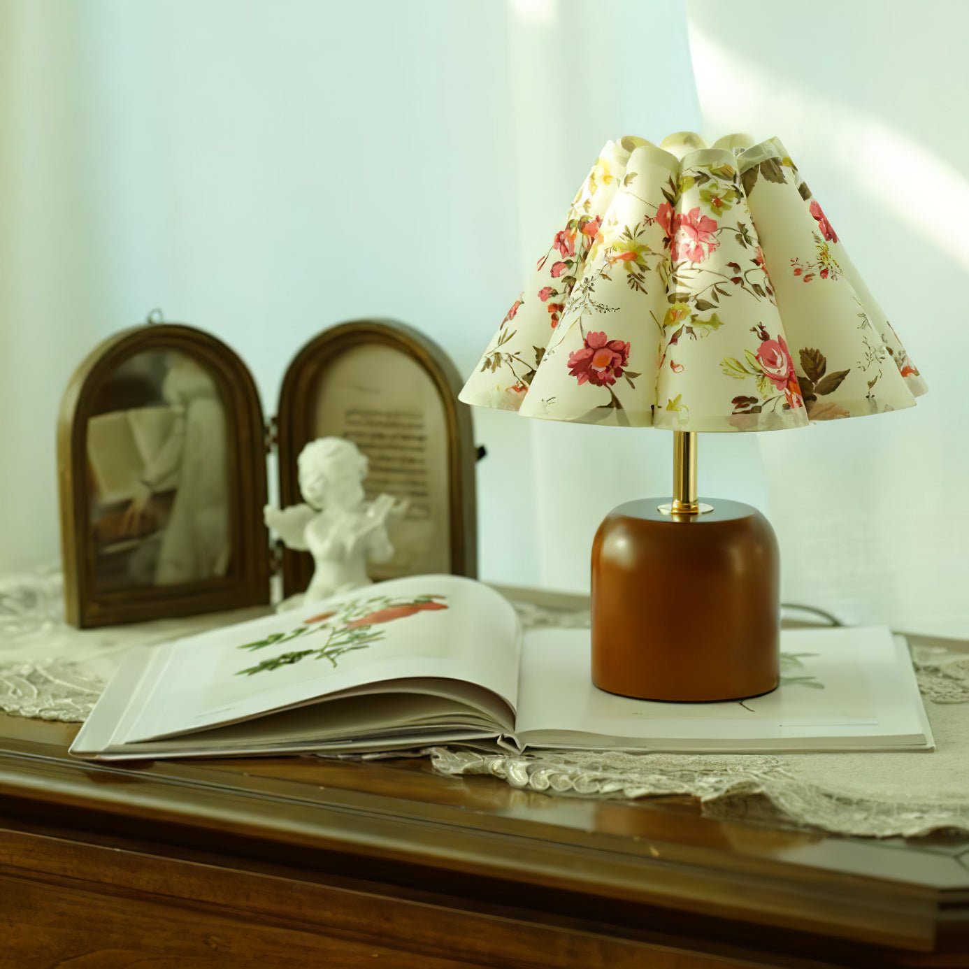 Handcrafted Etched Ceramic Table Lamp with Fabric Shade for Bedside and Living Room Decor