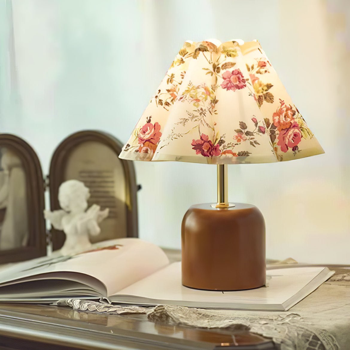 Handcrafted Etched Ceramic Table Lamp with Fabric Shade for Bedside and Living Room Decor
