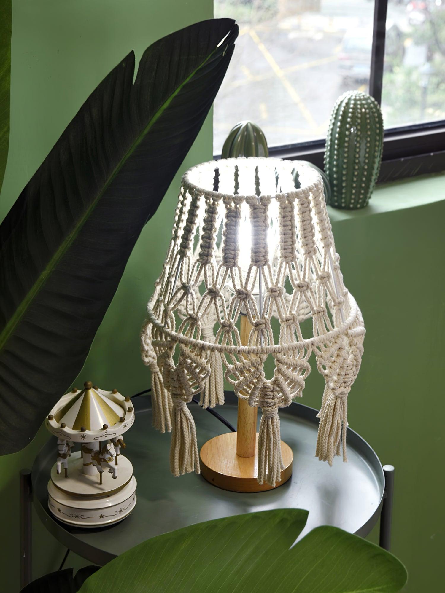 Bohemian Handcrafted Macrame Table Lamp Boho Cotton Rope Desk Light for Bedroom