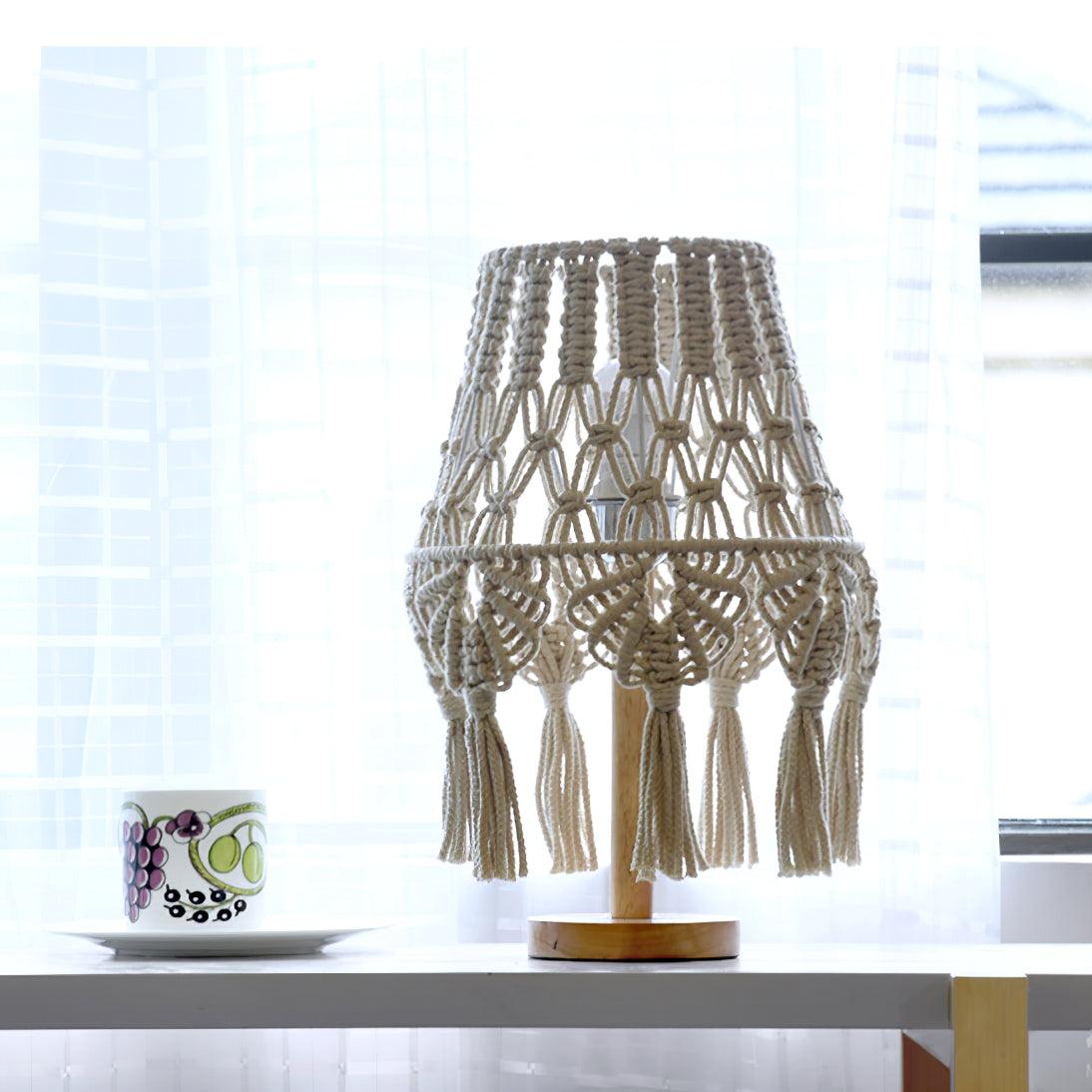 Bohemian Handcrafted Macrame Table Lamp Boho Cotton Rope Desk Light for Bedroom