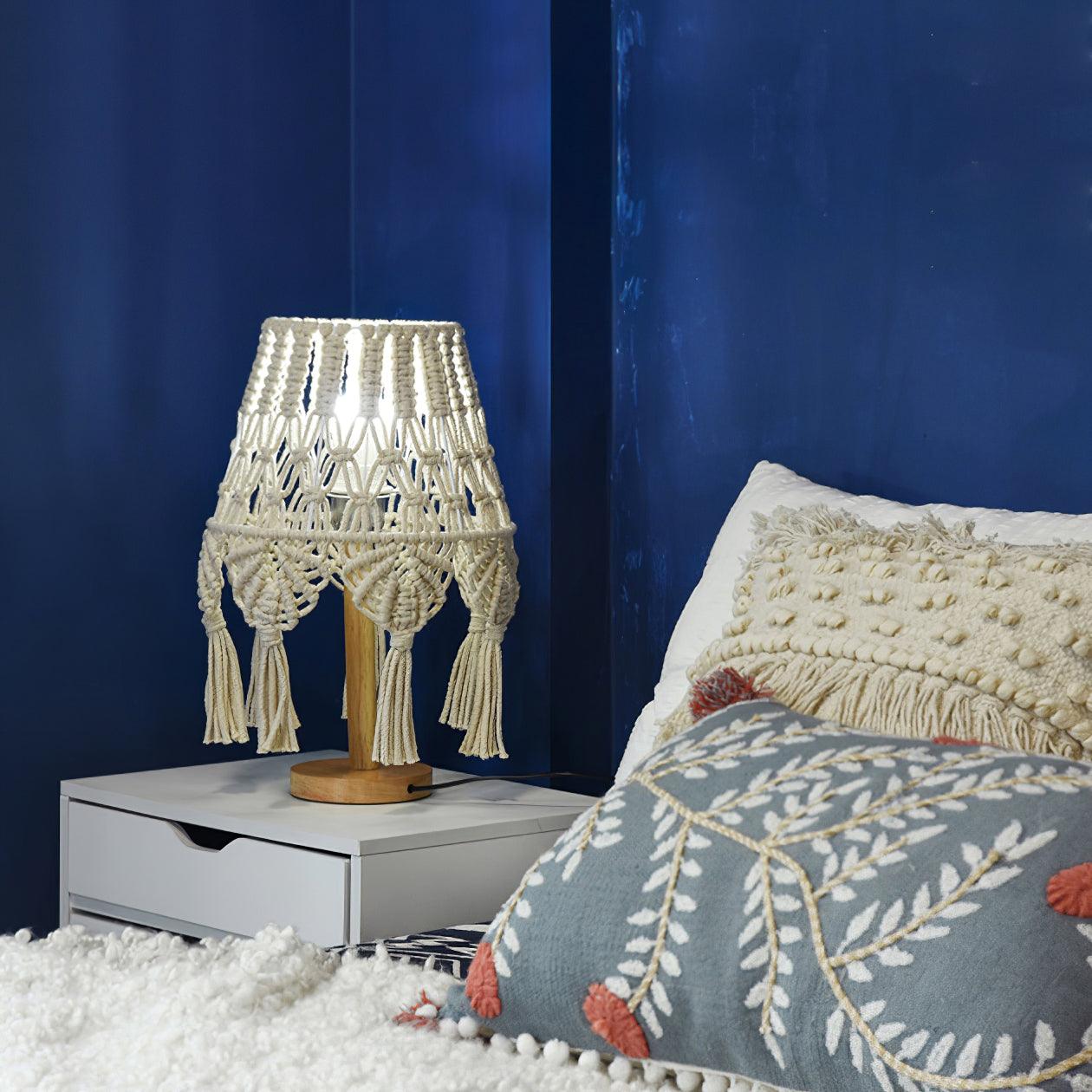 Bohemian Handcrafted Macrame Table Lamp Boho Cotton Rope Desk Light for Bedroom