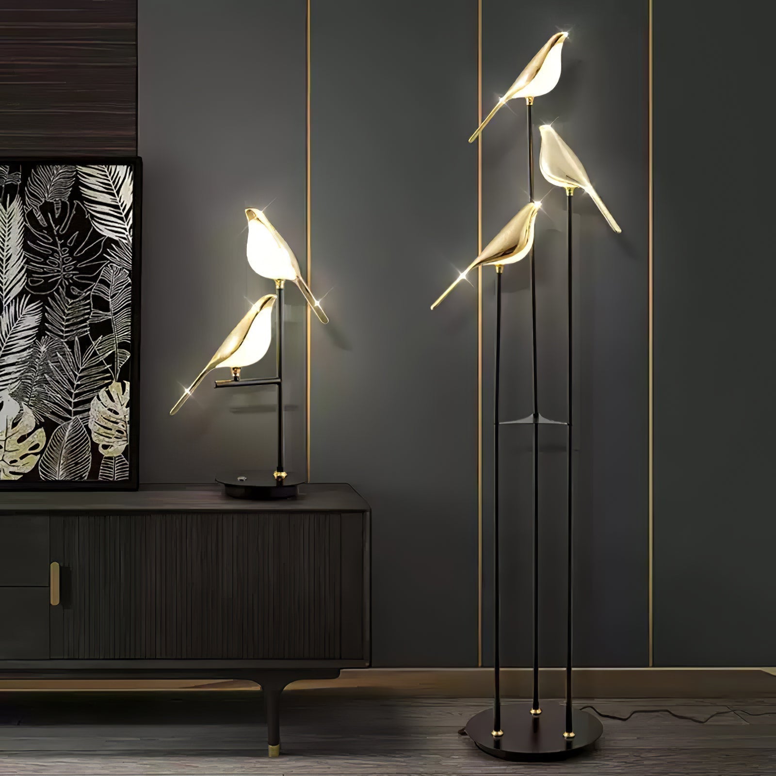 Magpie Perch LED Bird Floor Lamp Modern Minimalist Standing Torchiere Light Gold and Black