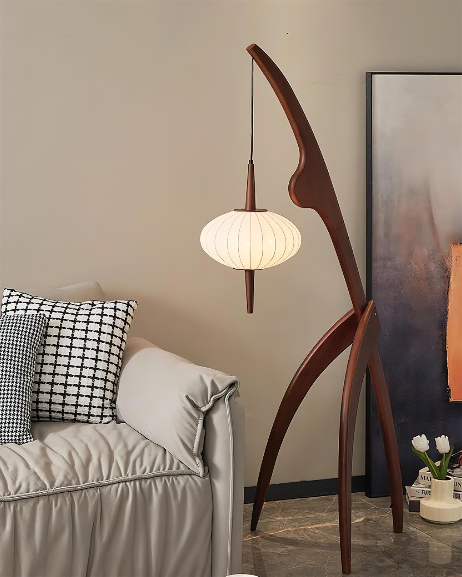 Mantis Wood Sculptural Floor Lamp with Silk Shade for Modern Ambient Living Room Lighting