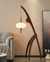 Mantis Wood Sculptural Floor Lamp with Silk Shade for Modern Ambient Living Room Lighting