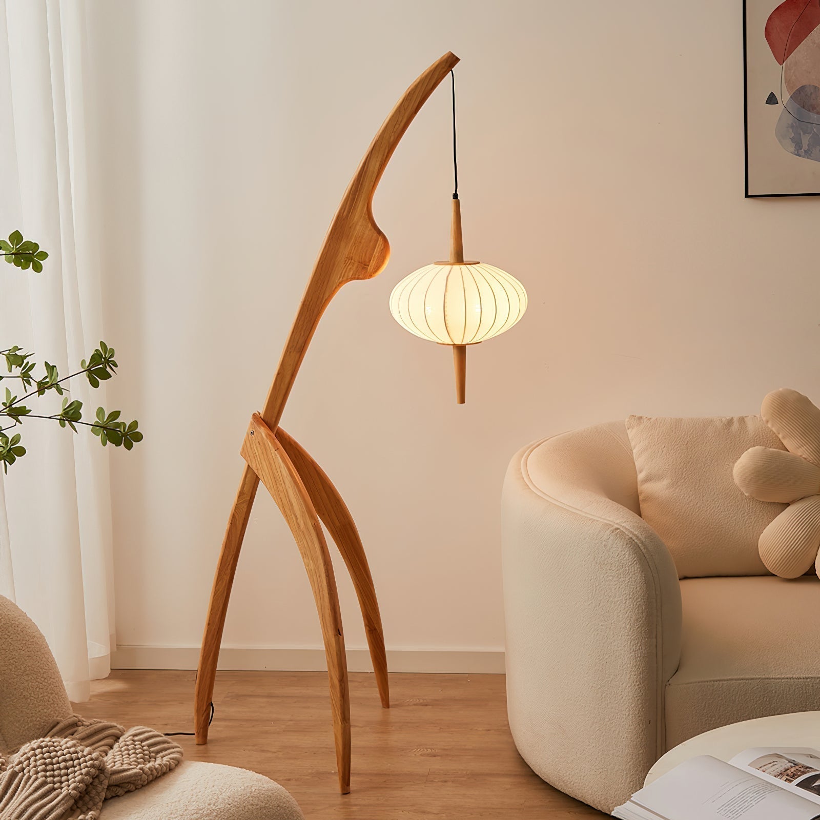 Mantis Wood Sculptural Floor Lamp with Silk Shade for Modern Ambient Living Room Lighting