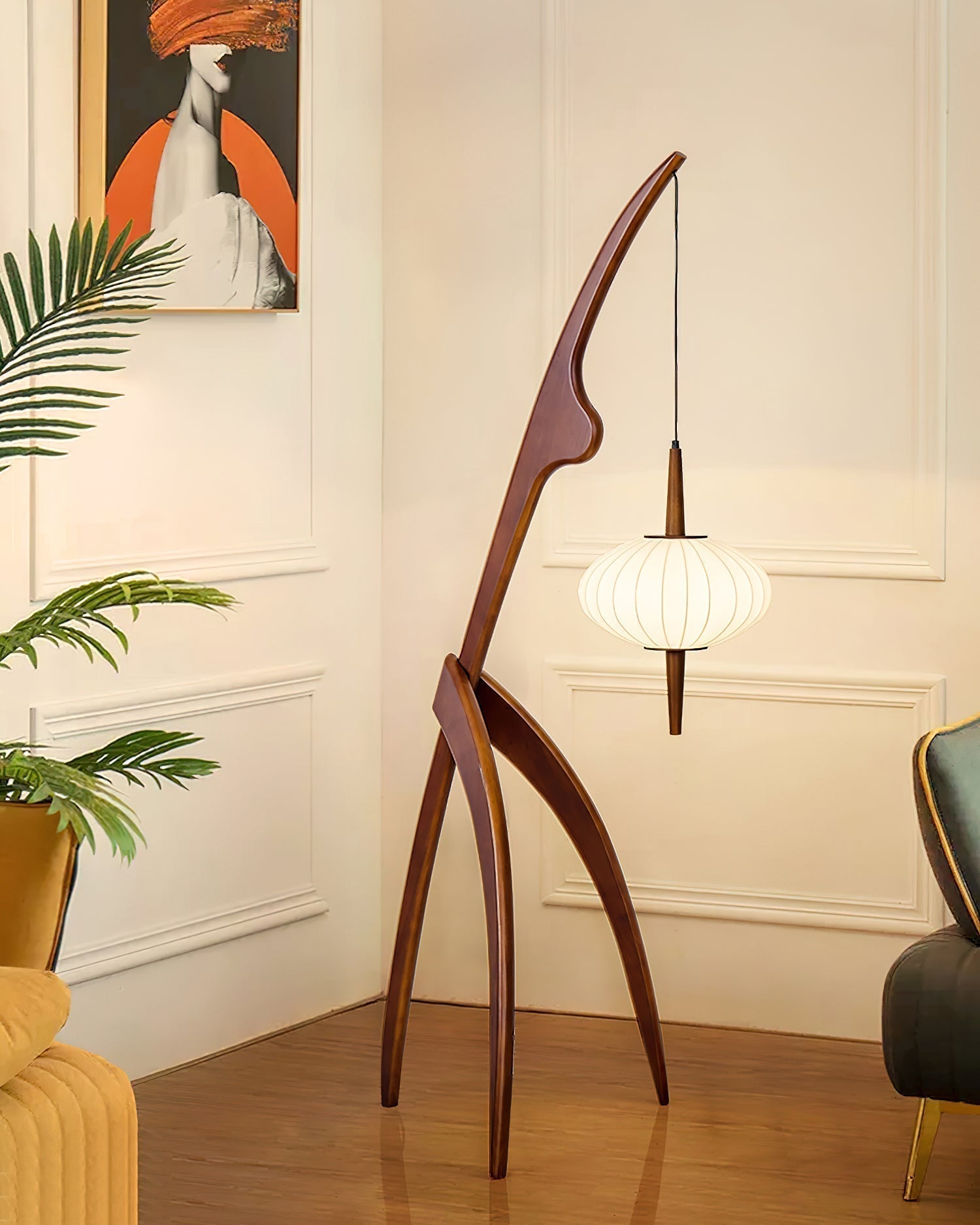 Mantis Wood Sculptural Floor Lamp with Silk Shade for Modern Ambient Living Room Lighting