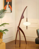 Mantis Wood Sculptural Floor Lamp with Silk Shade for Modern Ambient Living Room Lighting