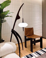 Mantis Wood Sculptural Floor Lamp with Silk Shade for Modern Ambient Living Room Lighting