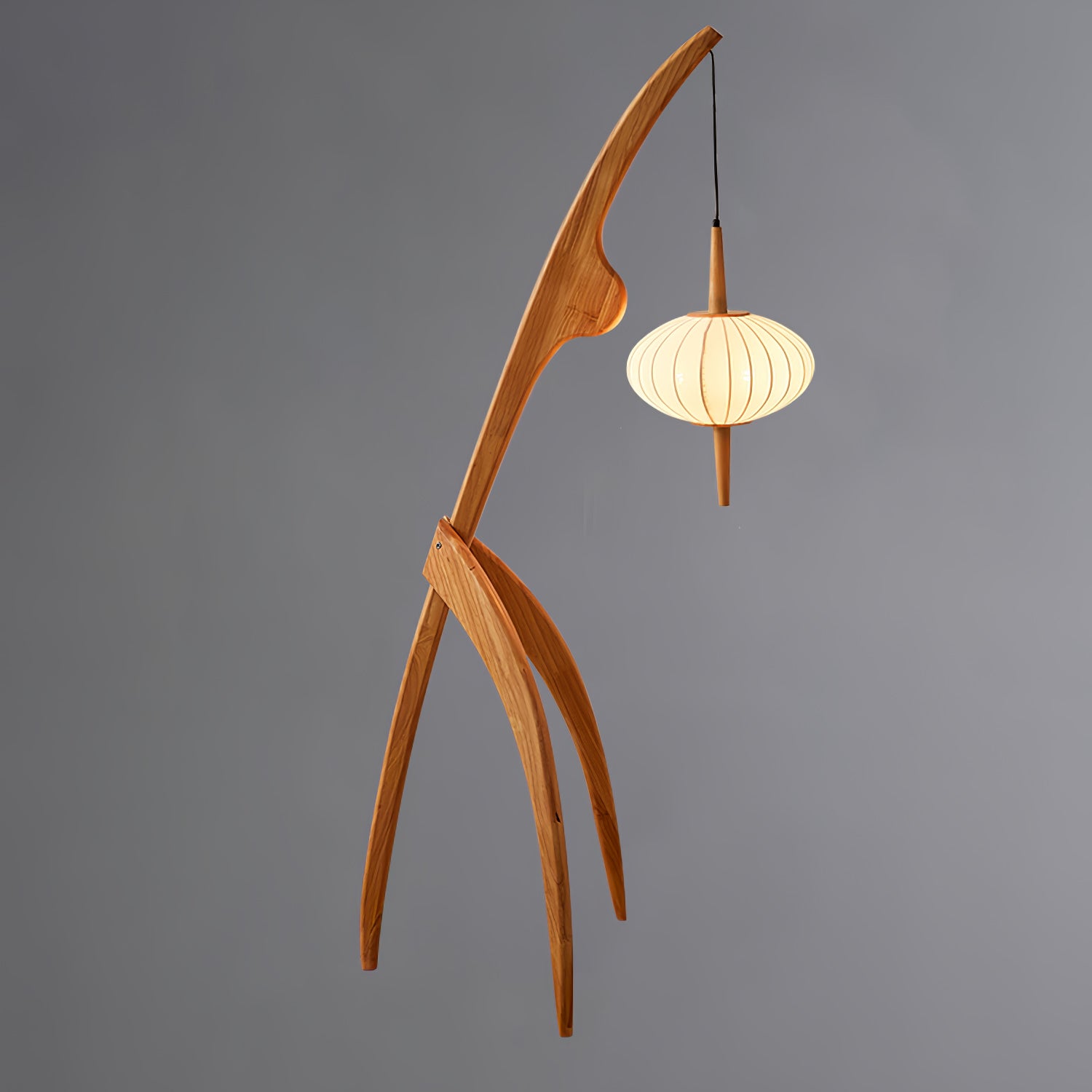 Mantis Wood Sculptural Floor Lamp with Silk Shade for Modern Ambient Living Room Lighting